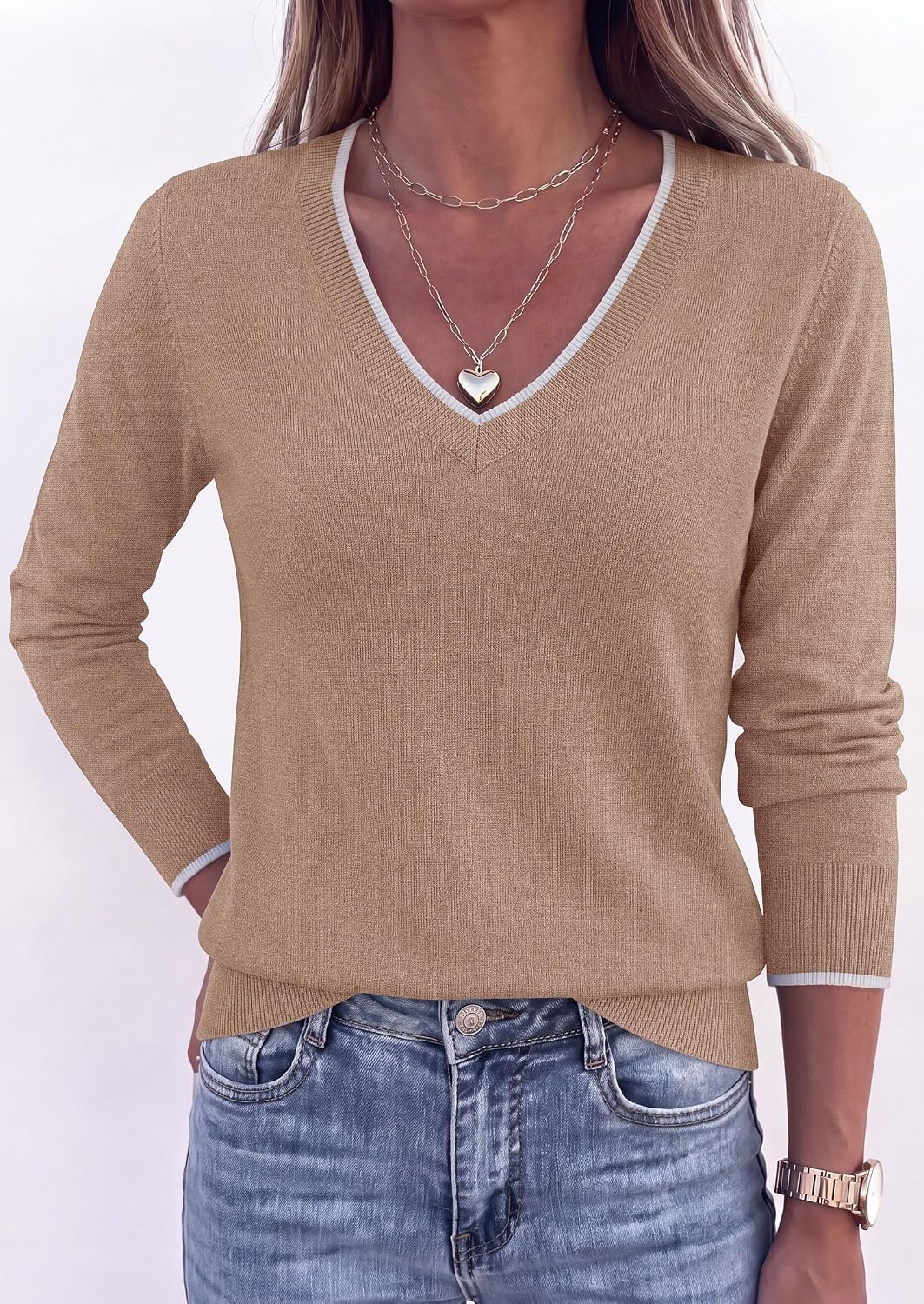 image:imagePRETTYGARDEN Womens V Neck Sweater Long Sleeve Knit Tops Contrast Trim Cozy Lightweight Pullover Loose Basic Soft Business Casual Holiday Vacation Outfits Fall Winter ClothesKhaki