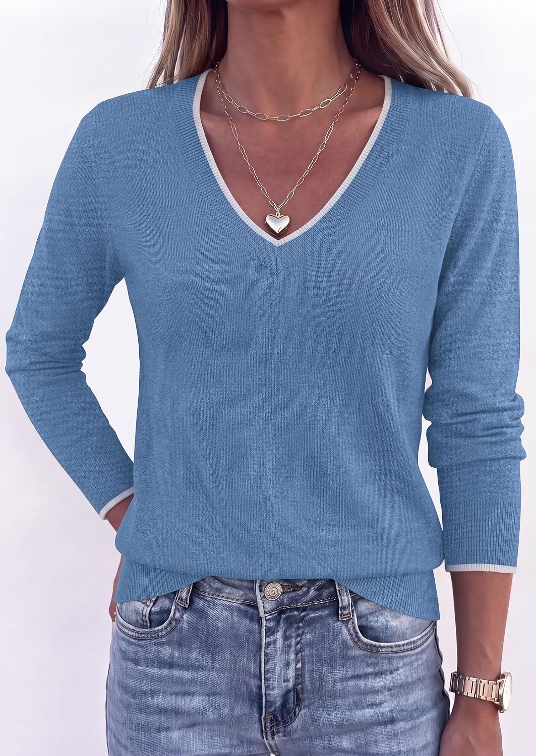 image:imagePRETTYGARDEN Womens V Neck Sweater Long Sleeve Knit Tops Contrast Trim Cozy Lightweight Pullover Loose Basic Soft Business Casual Holiday Vacation Outfits Fall Winter ClothesGrey Blue