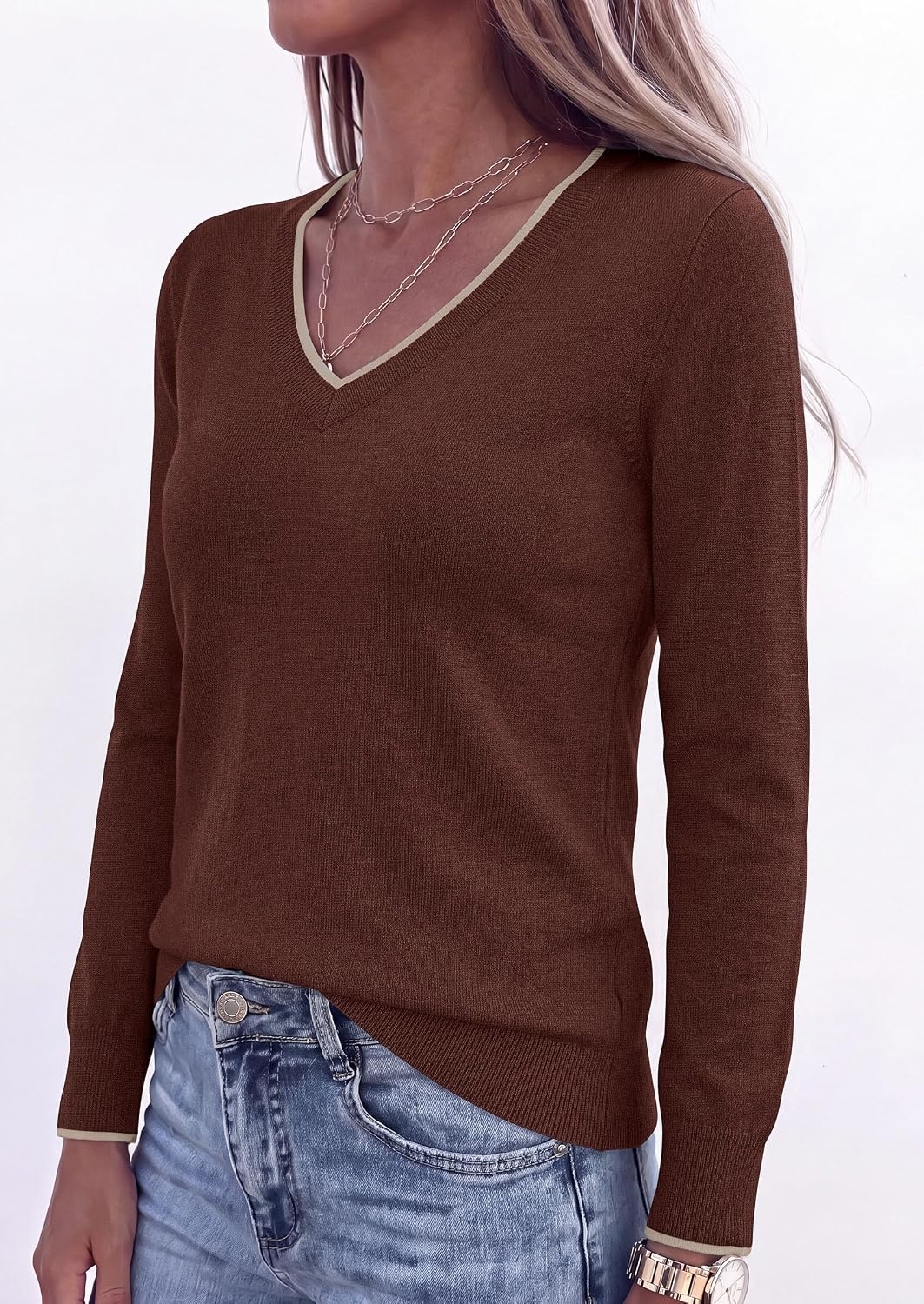image:imagePRETTYGARDEN Womens V Neck Sweater Long Sleeve Knit Tops Contrast Trim Cozy Lightweight Pullover Loose Basic Soft Business Casual Holiday Vacation Outfits Fall Winter ClothesBrown