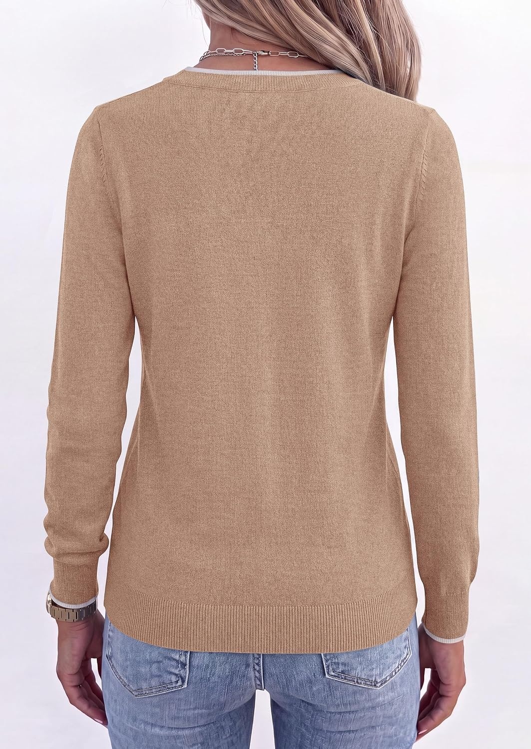 image:imagePRETTYGARDEN Womens V Neck Sweater Long Sleeve Knit Tops Contrast Trim Cozy Lightweight Pullover Loose Basic Soft Business Casual Holiday Vacation Outfits Fall Winter ClothesKhaki