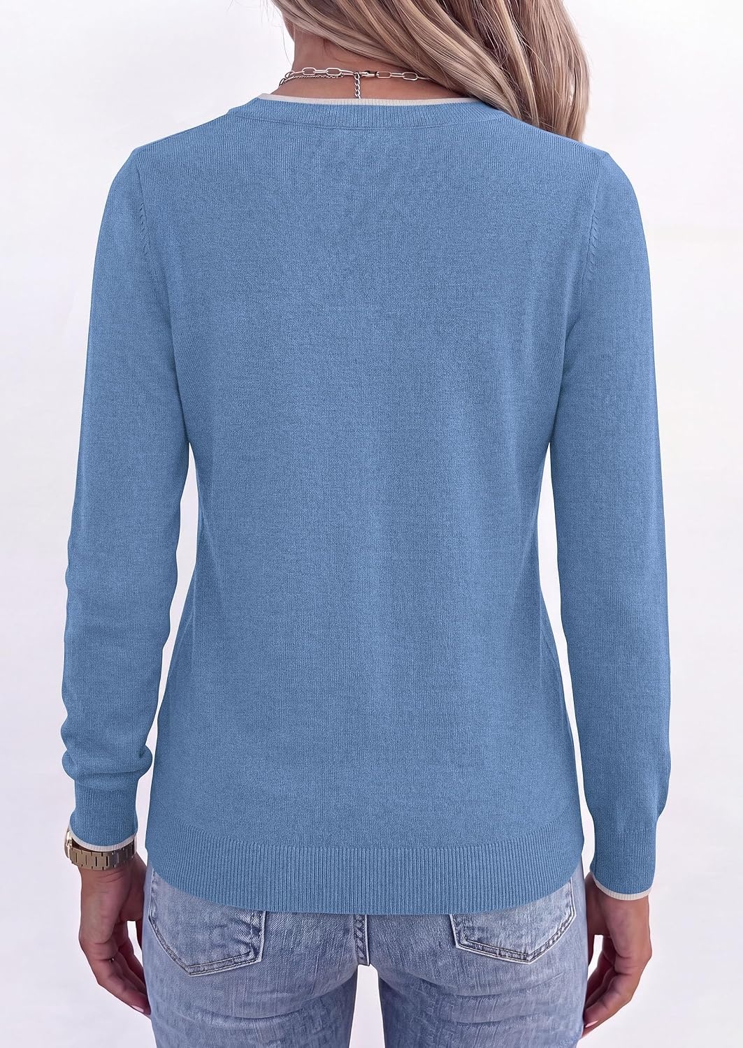 image:imagePRETTYGARDEN Womens V Neck Sweater Long Sleeve Knit Tops Contrast Trim Cozy Lightweight Pullover Loose Basic Soft Business Casual Holiday Vacation Outfits Fall Winter ClothesGrey Blue