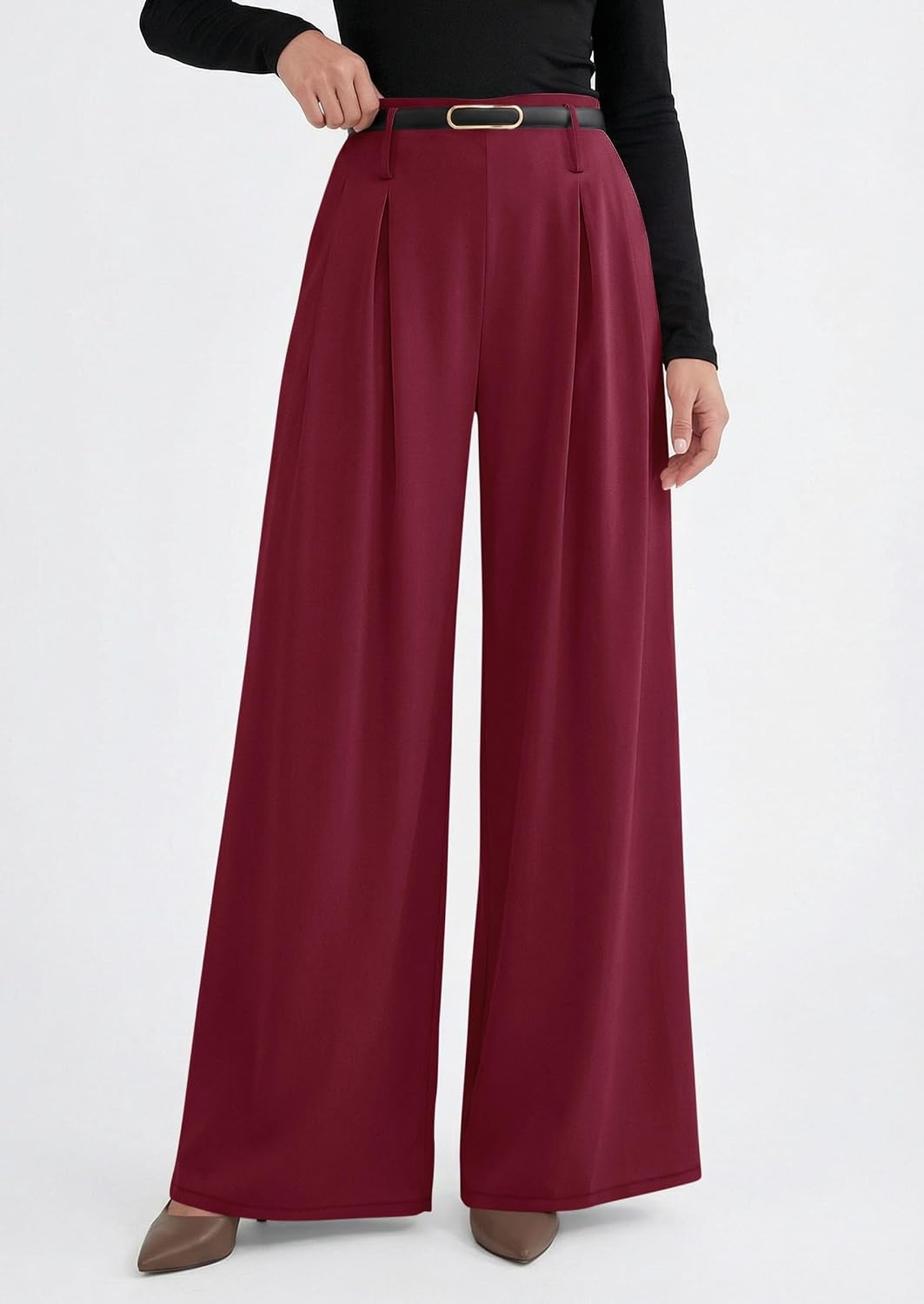 image:imagePRETTYGARDEN Womens Wide Leg Dress Pants Flowy Trousers Front PleatsSide ZipperElastic High Waisted Palazzo PantsDressy Slacks with PocketsDaily Work Business Casual OutfitsWine Red