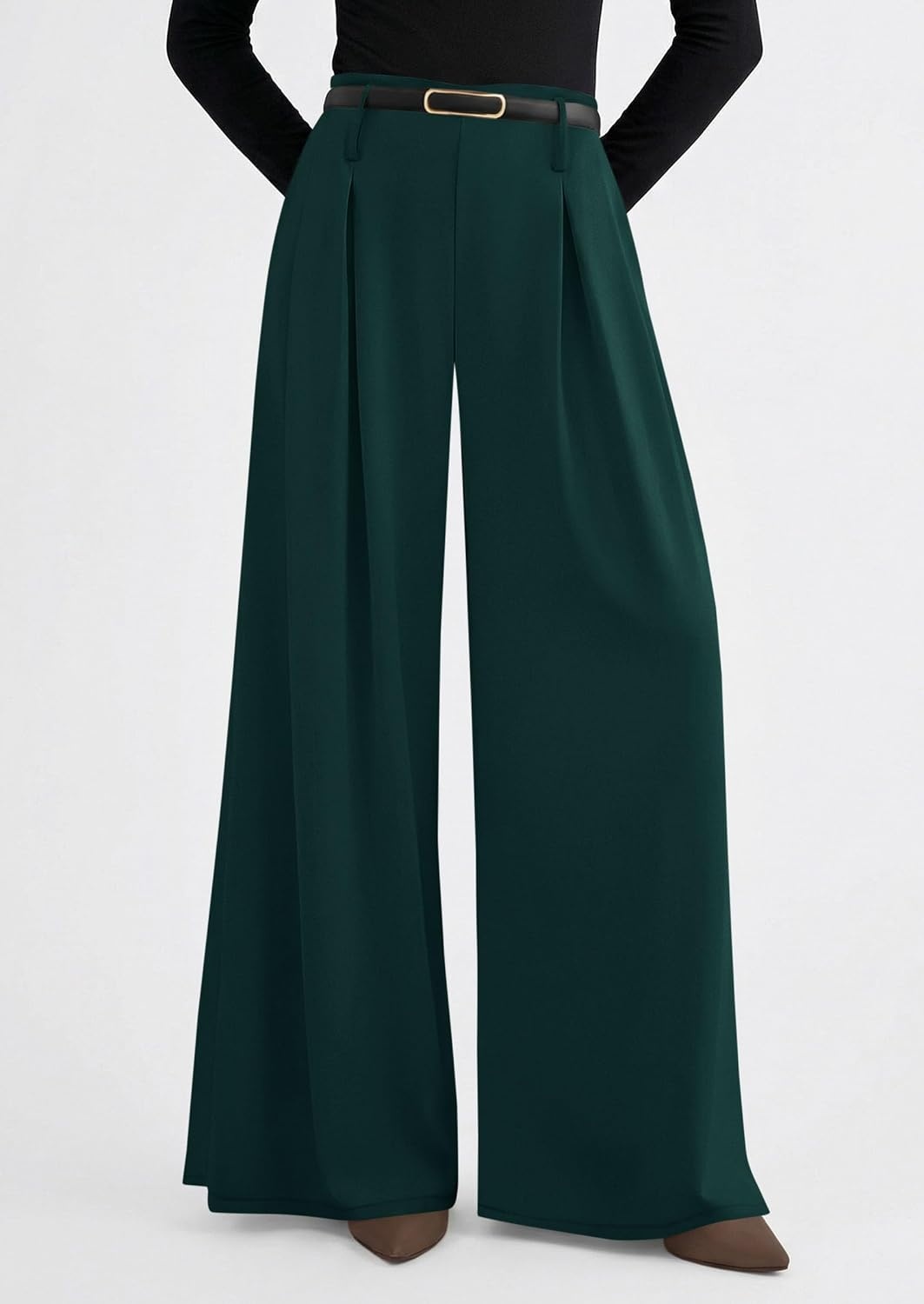 image:imagePRETTYGARDEN Womens Wide Leg Dress Pants Flowy Trousers Front PleatsSide ZipperElastic High Waisted Palazzo PantsDressy Slacks with PocketsDaily Work Business Casual OutfitsDark Green
