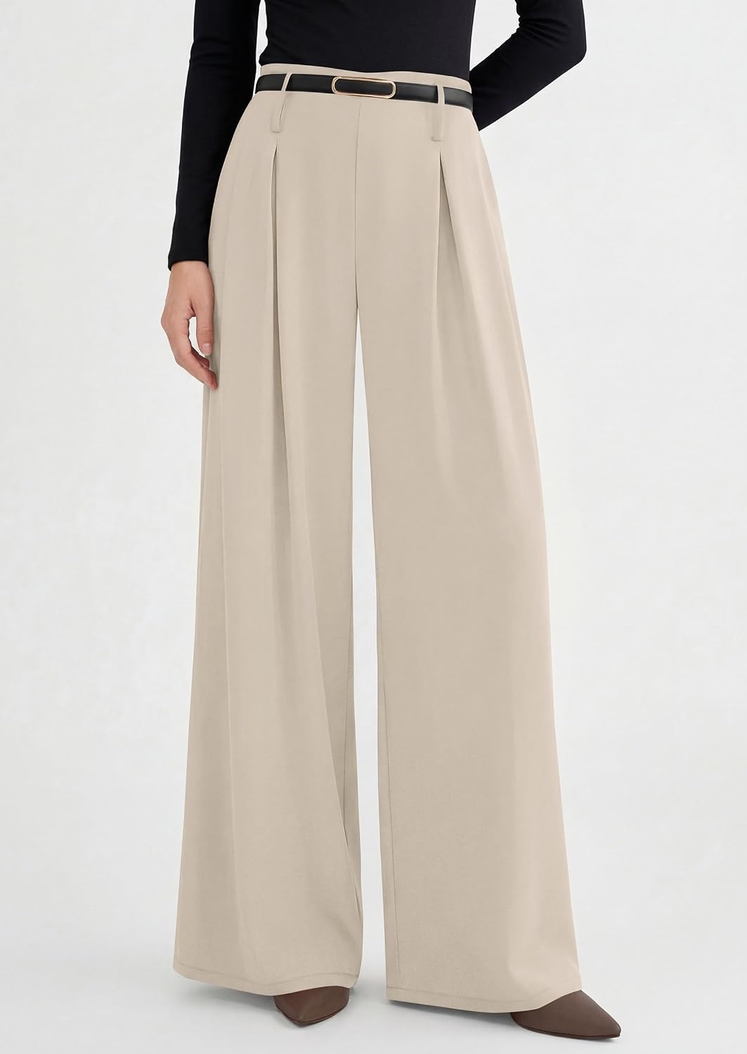 image:imagePRETTYGARDEN Womens Wide Leg Dress Pants Flowy Trousers Front PleatsSide ZipperElastic High Waisted Palazzo PantsDressy Slacks with PocketsDaily Work Business Casual OutfitsApricot