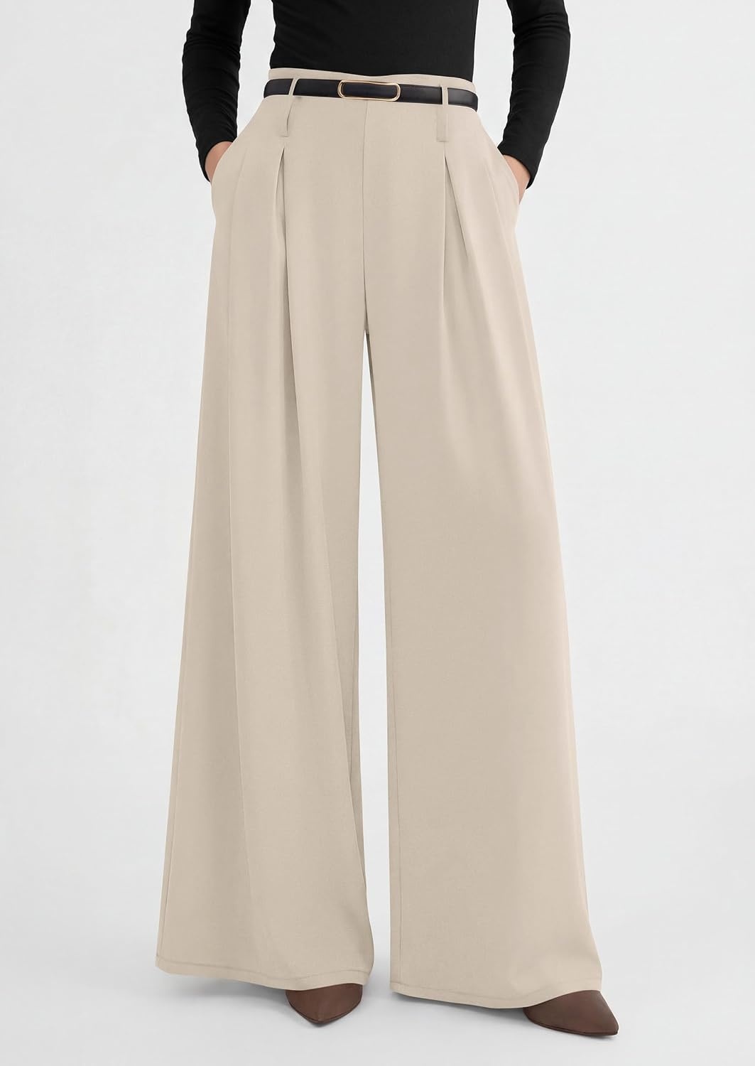 image:imagePRETTYGARDEN Womens Wide Leg Dress Pants Flowy Trousers Front PleatsSide ZipperElastic High Waisted Palazzo PantsDressy Slacks with PocketsDaily Work Business Casual OutfitsApricot