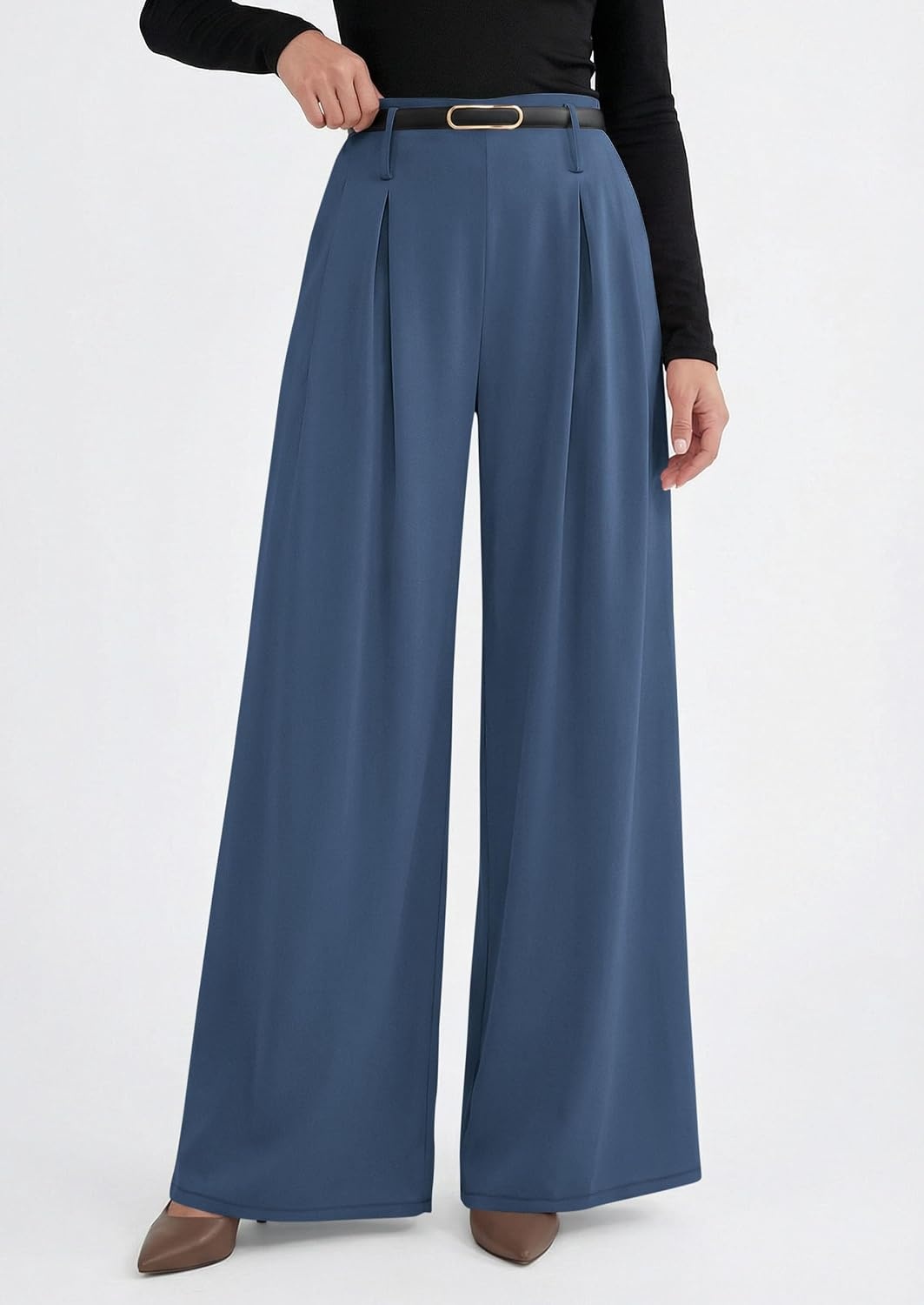 image:imagePRETTYGARDEN Womens Wide Leg Dress Pants Flowy Trousers Front PleatsSide ZipperElastic High Waisted Palazzo PantsDressy Slacks with PocketsDaily Work Business Casual OutfitsGrey Blue