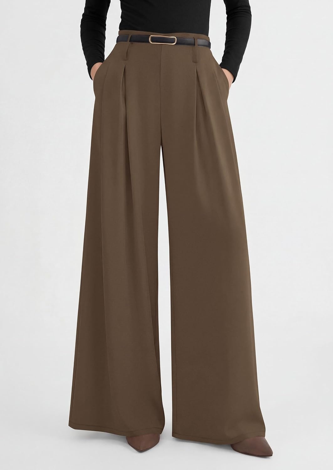 image:imagePRETTYGARDEN Womens Wide Leg Dress Pants Flowy Trousers Front PleatsSide ZipperElastic High Waisted Palazzo PantsDressy Slacks with PocketsDaily Work Business Casual OutfitsLight Brown