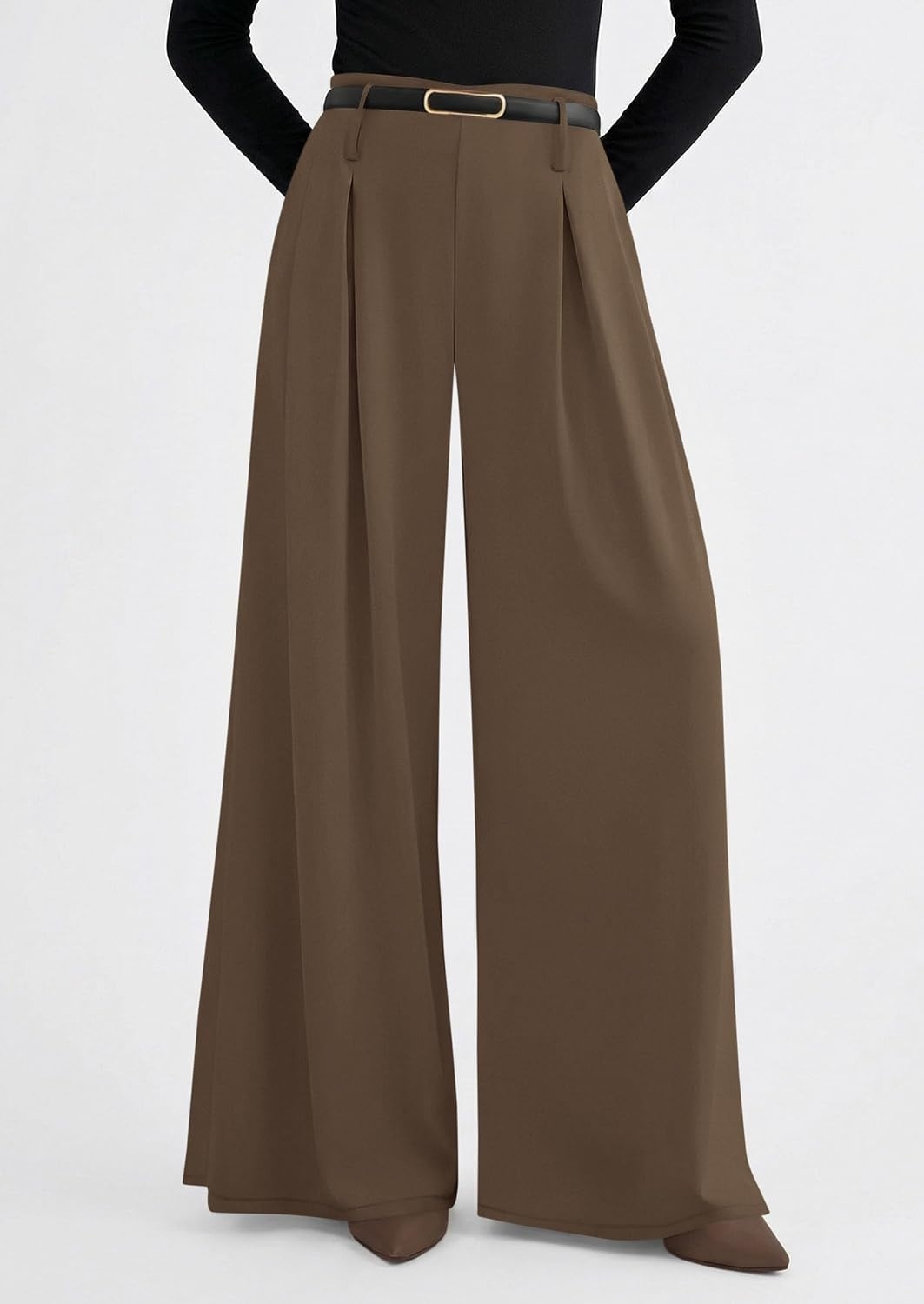 image:imagePRETTYGARDEN Womens Wide Leg Dress Pants Flowy Trousers Front PleatsSide ZipperElastic High Waisted Palazzo PantsDressy Slacks with PocketsDaily Work Business Casual OutfitsLight Brown