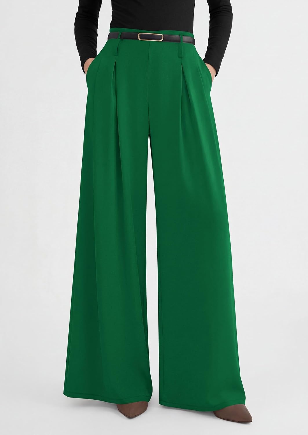 image:imagePRETTYGARDEN Womens Wide Leg Dress Pants Flowy Trousers Front PleatsSide ZipperElastic High Waisted Palazzo PantsDressy Slacks with PocketsDaily Work Business Casual OutfitsGreen