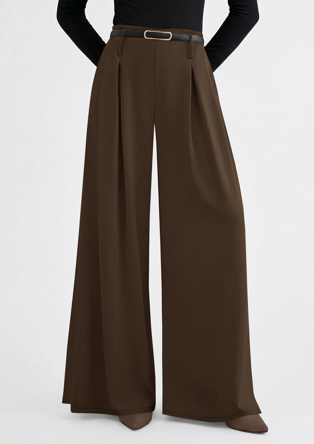image:imagePRETTYGARDEN Womens Wide Leg Dress Pants Flowy Trousers Front PleatsSide ZipperElastic High Waisted Palazzo PantsDressy Slacks with PocketsDaily Work Business Casual OutfitsBrown