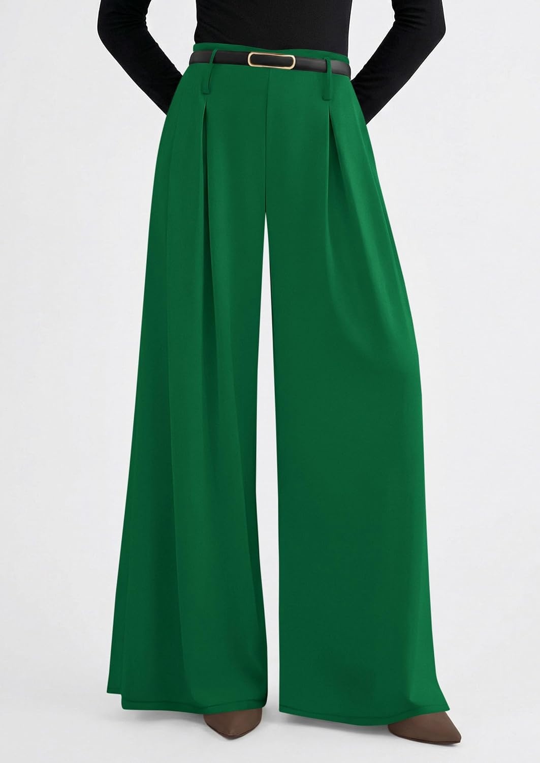 image:imagePRETTYGARDEN Womens Wide Leg Dress Pants Flowy Trousers Front PleatsSide ZipperElastic High Waisted Palazzo PantsDressy Slacks with PocketsDaily Work Business Casual OutfitsGreen