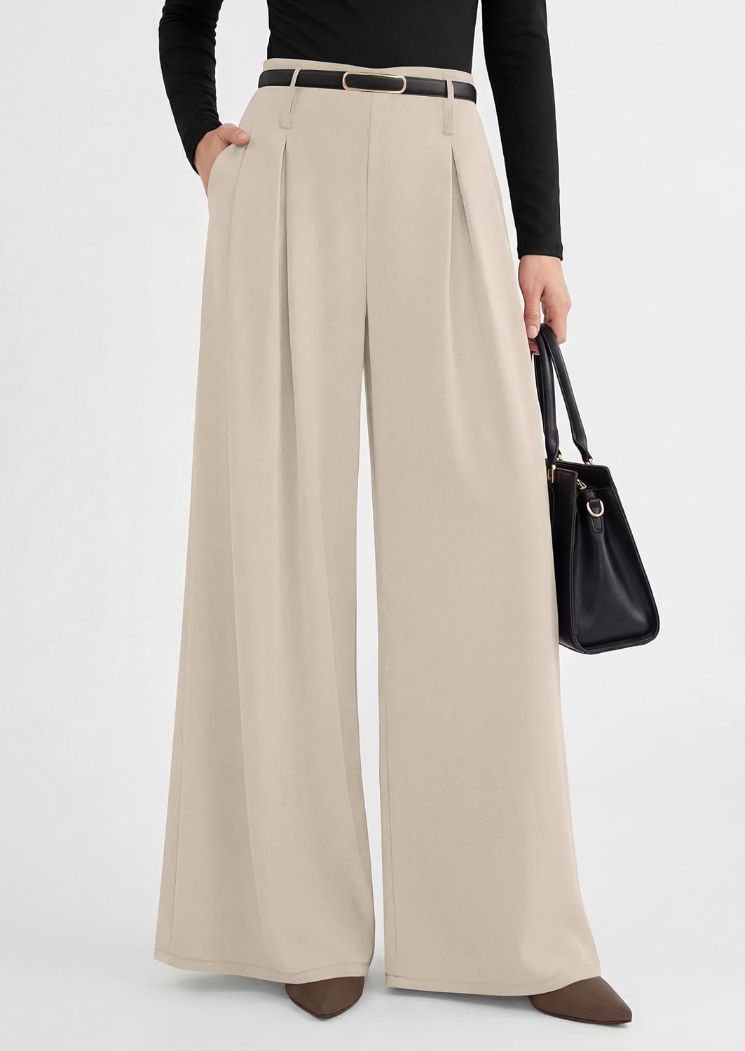 image:imagePRETTYGARDEN Womens Wide Leg Dress Pants Flowy Trousers Front PleatsSide ZipperElastic High Waisted Palazzo PantsDressy Slacks with PocketsDaily Work Business Casual OutfitsApricot
