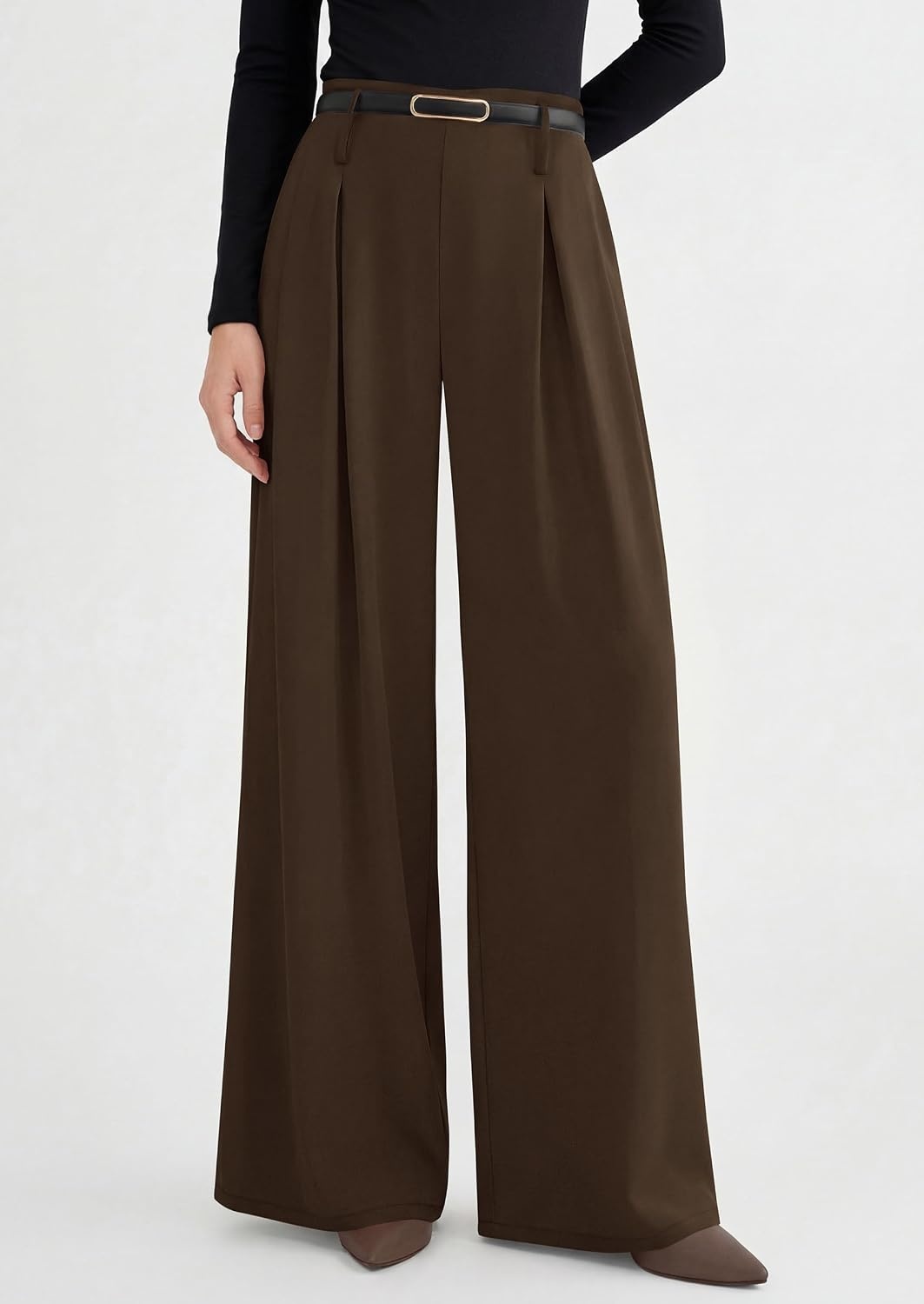 image:imagePRETTYGARDEN Womens Wide Leg Dress Pants Flowy Trousers Front PleatsSide ZipperElastic High Waisted Palazzo PantsDressy Slacks with PocketsDaily Work Business Casual OutfitsBrown