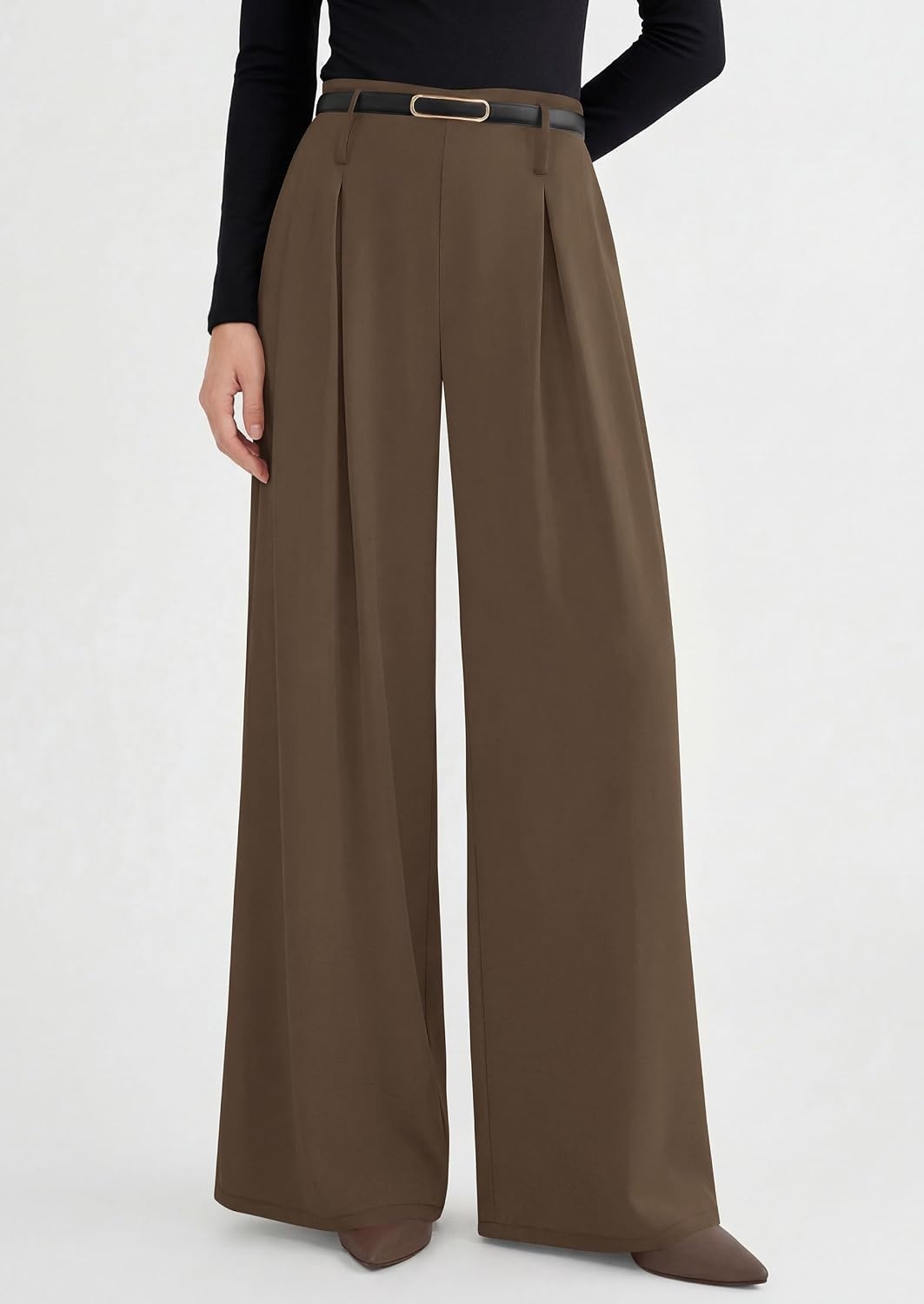 image:imagePRETTYGARDEN Womens Wide Leg Dress Pants Flowy Trousers Front PleatsSide ZipperElastic High Waisted Palazzo PantsDressy Slacks with PocketsDaily Work Business Casual OutfitsLight Brown