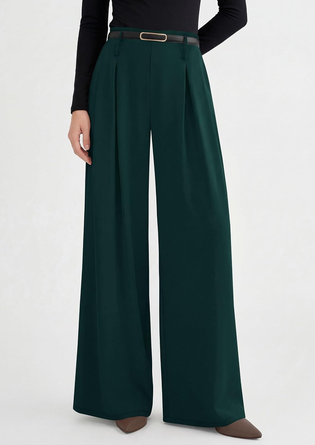image:imagePRETTYGARDEN Womens Wide Leg Dress Pants Flowy Trousers Front PleatsSide ZipperElastic High Waisted Palazzo PantsDressy Slacks with PocketsDaily Work Business Casual OutfitsDark Green