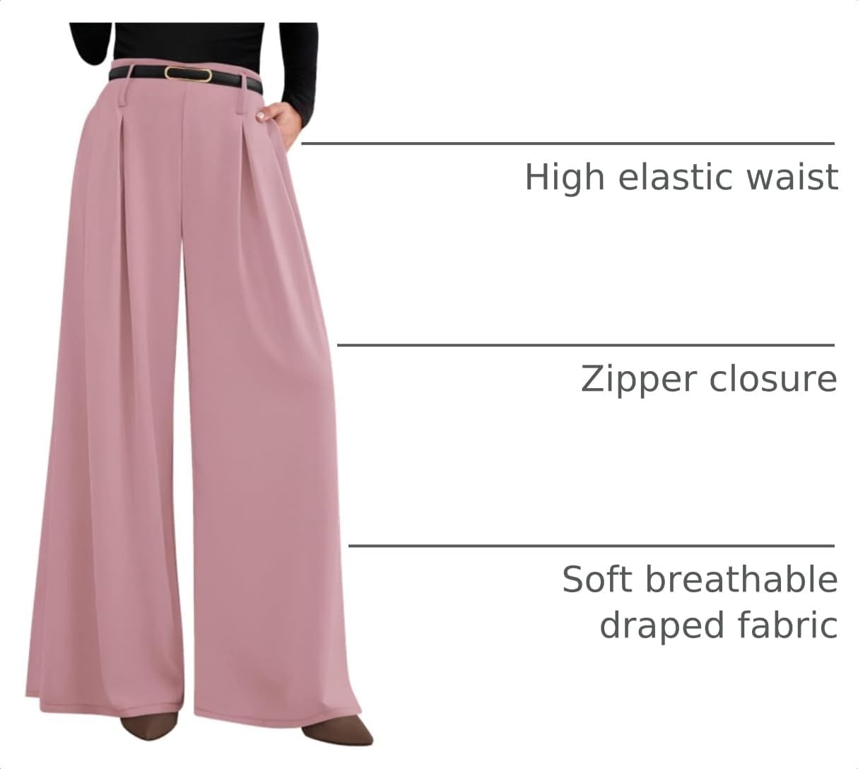 image:imagePRETTYGARDEN Womens Wide Leg Dress Pants Flowy Trousers Front PleatsSide ZipperElastic High Waisted Palazzo PantsDressy Slacks with PocketsDaily Work Business Casual OutfitsPink