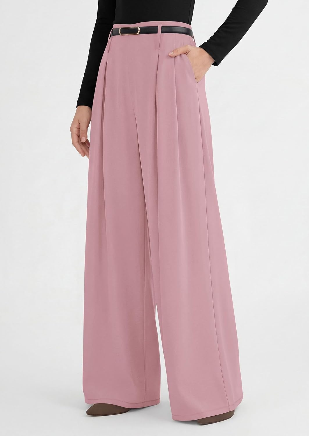 image:imagePRETTYGARDEN Womens Wide Leg Dress Pants Flowy Trousers Front PleatsSide ZipperElastic High Waisted Palazzo PantsDressy Slacks with PocketsDaily Work Business Casual OutfitsPink