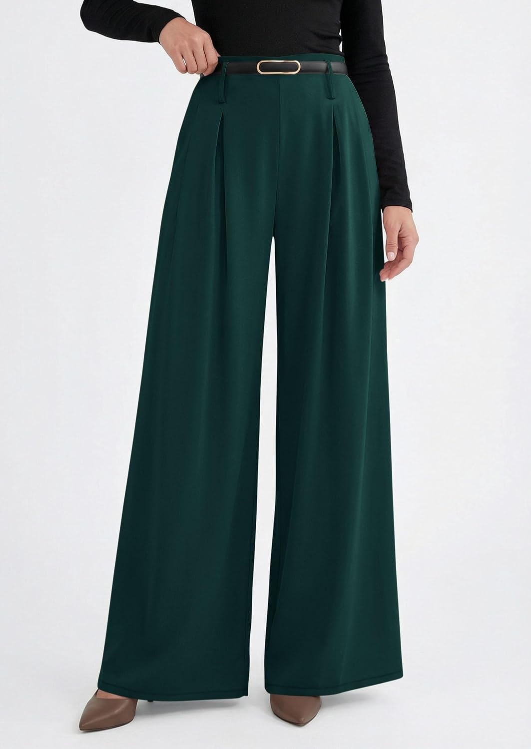 image:imagePRETTYGARDEN Womens Wide Leg Dress Pants Flowy Trousers Front PleatsSide ZipperElastic High Waisted Palazzo PantsDressy Slacks with PocketsDaily Work Business Casual OutfitsDark Green