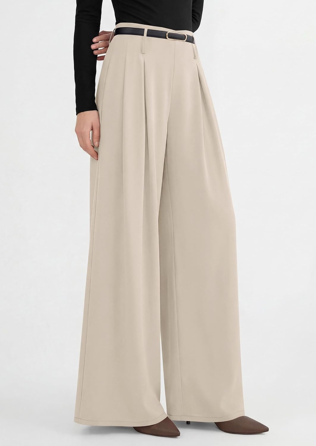 image:imagePRETTYGARDEN Womens Wide Leg Dress Pants Flowy Trousers Front PleatsSide ZipperElastic High Waisted Palazzo PantsDressy Slacks with PocketsDaily Work Business Casual OutfitsApricot