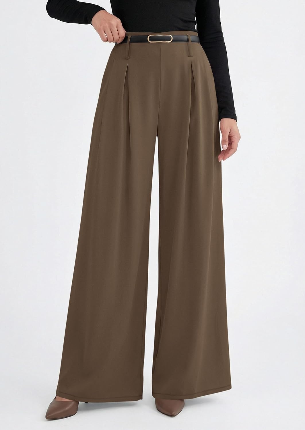 image:imagePRETTYGARDEN Womens Wide Leg Dress Pants Flowy Trousers Front PleatsSide ZipperElastic High Waisted Palazzo PantsDressy Slacks with PocketsDaily Work Business Casual OutfitsLight Brown