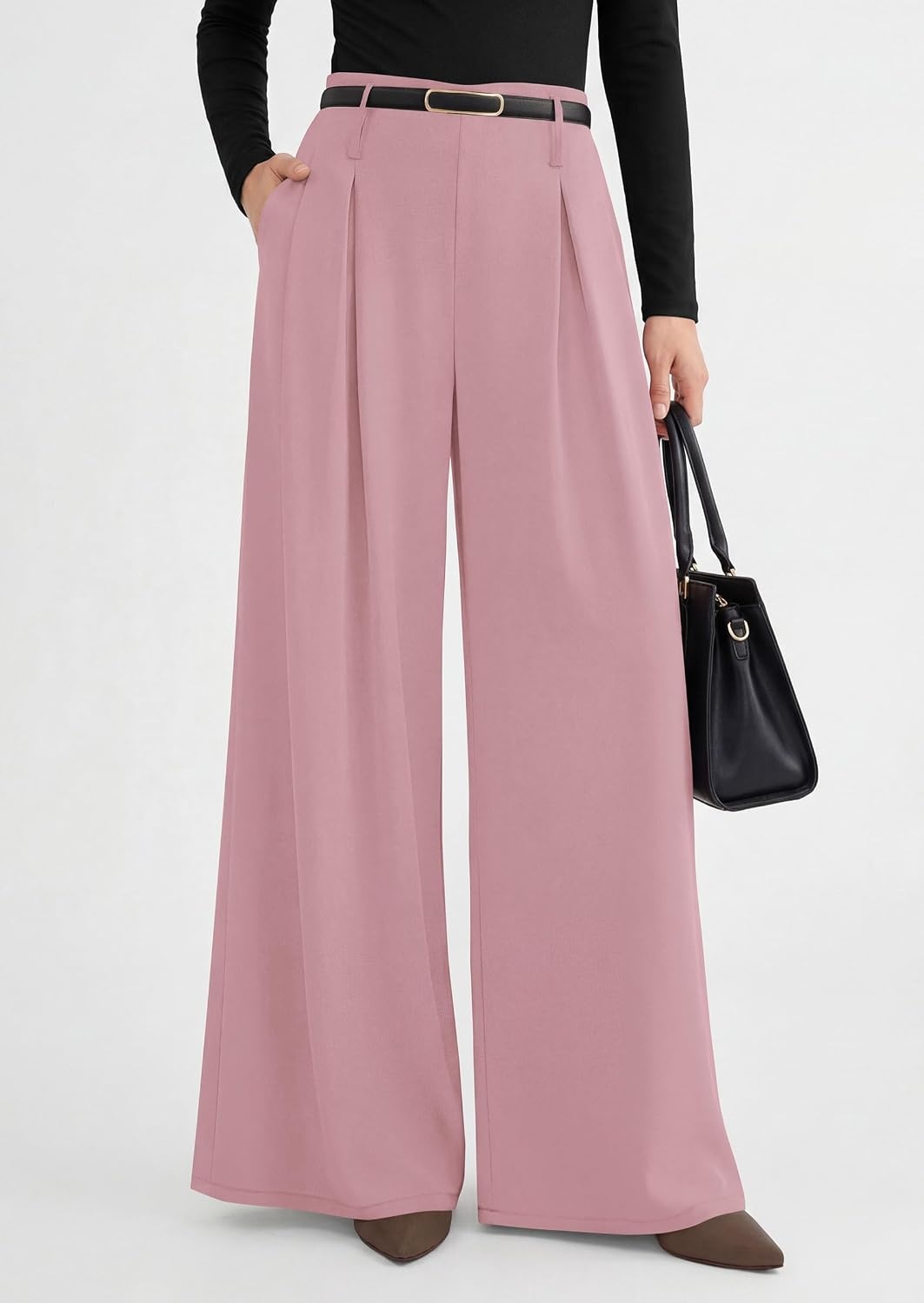 image:imagePRETTYGARDEN Womens Wide Leg Dress Pants Flowy Trousers Front PleatsSide ZipperElastic High Waisted Palazzo PantsDressy Slacks with PocketsDaily Work Business Casual OutfitsPink