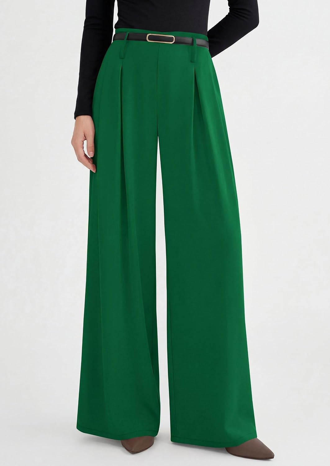 image:imagePRETTYGARDEN Womens Wide Leg Dress Pants Flowy Trousers Front PleatsSide ZipperElastic High Waisted Palazzo PantsDressy Slacks with PocketsDaily Work Business Casual OutfitsGreen