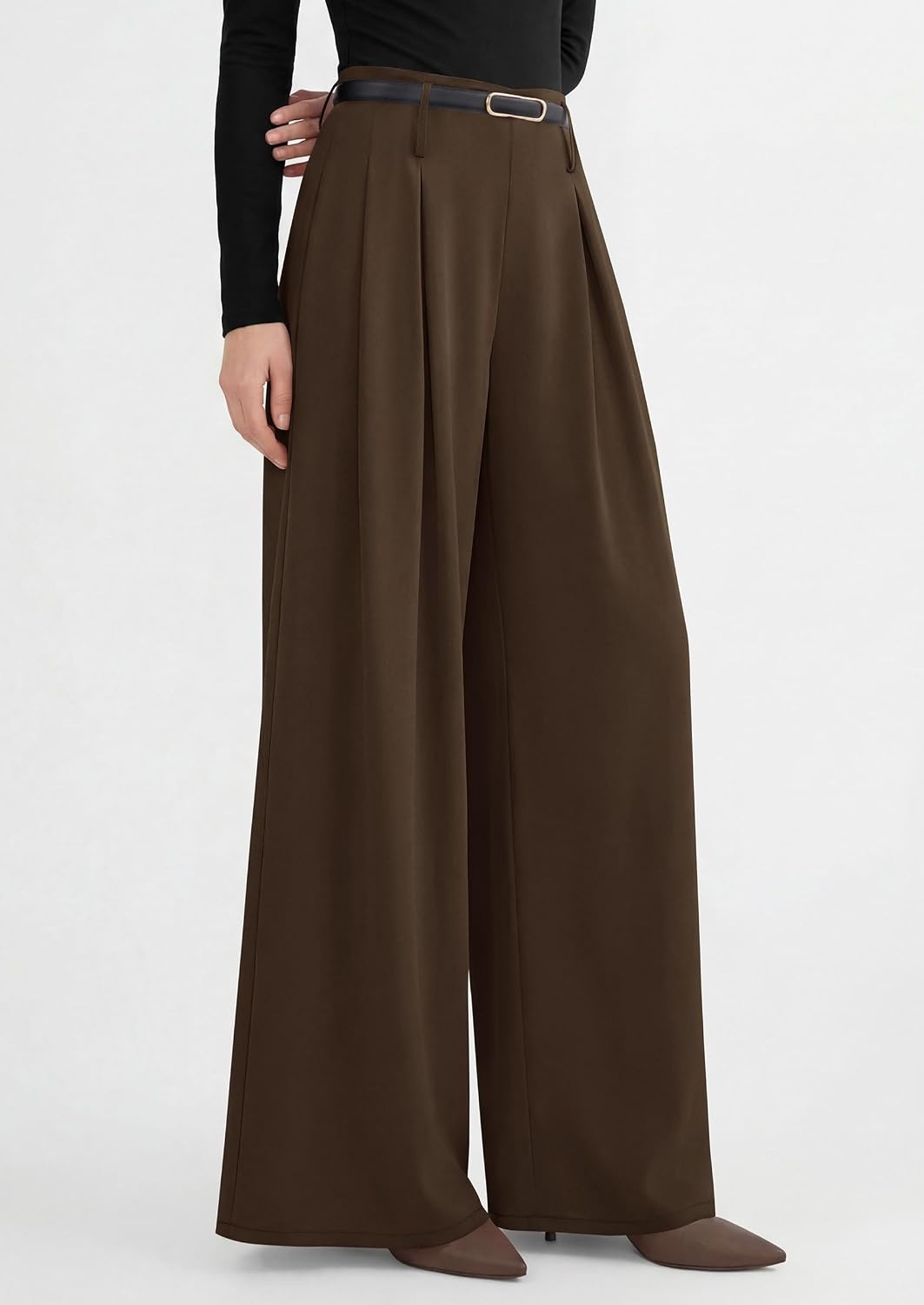 image:imagePRETTYGARDEN Womens Wide Leg Dress Pants Flowy Trousers Front PleatsSide ZipperElastic High Waisted Palazzo PantsDressy Slacks with PocketsDaily Work Business Casual OutfitsBrown