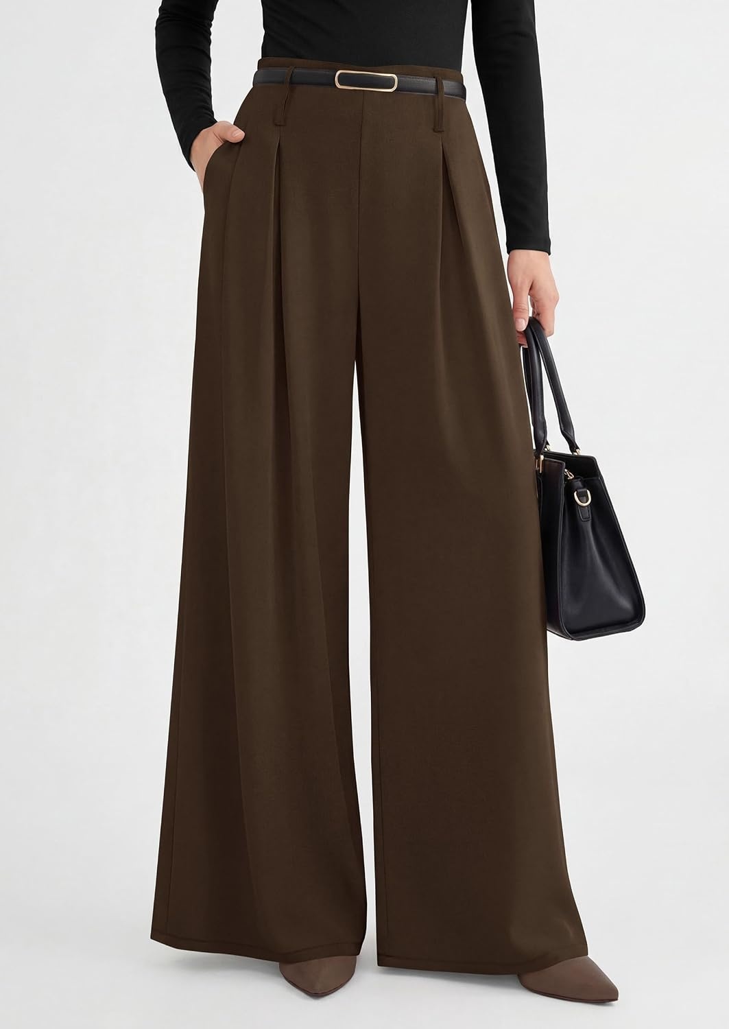 image:imagePRETTYGARDEN Womens Wide Leg Dress Pants Flowy Trousers Front PleatsSide ZipperElastic High Waisted Palazzo PantsDressy Slacks with PocketsDaily Work Business Casual OutfitsBrown