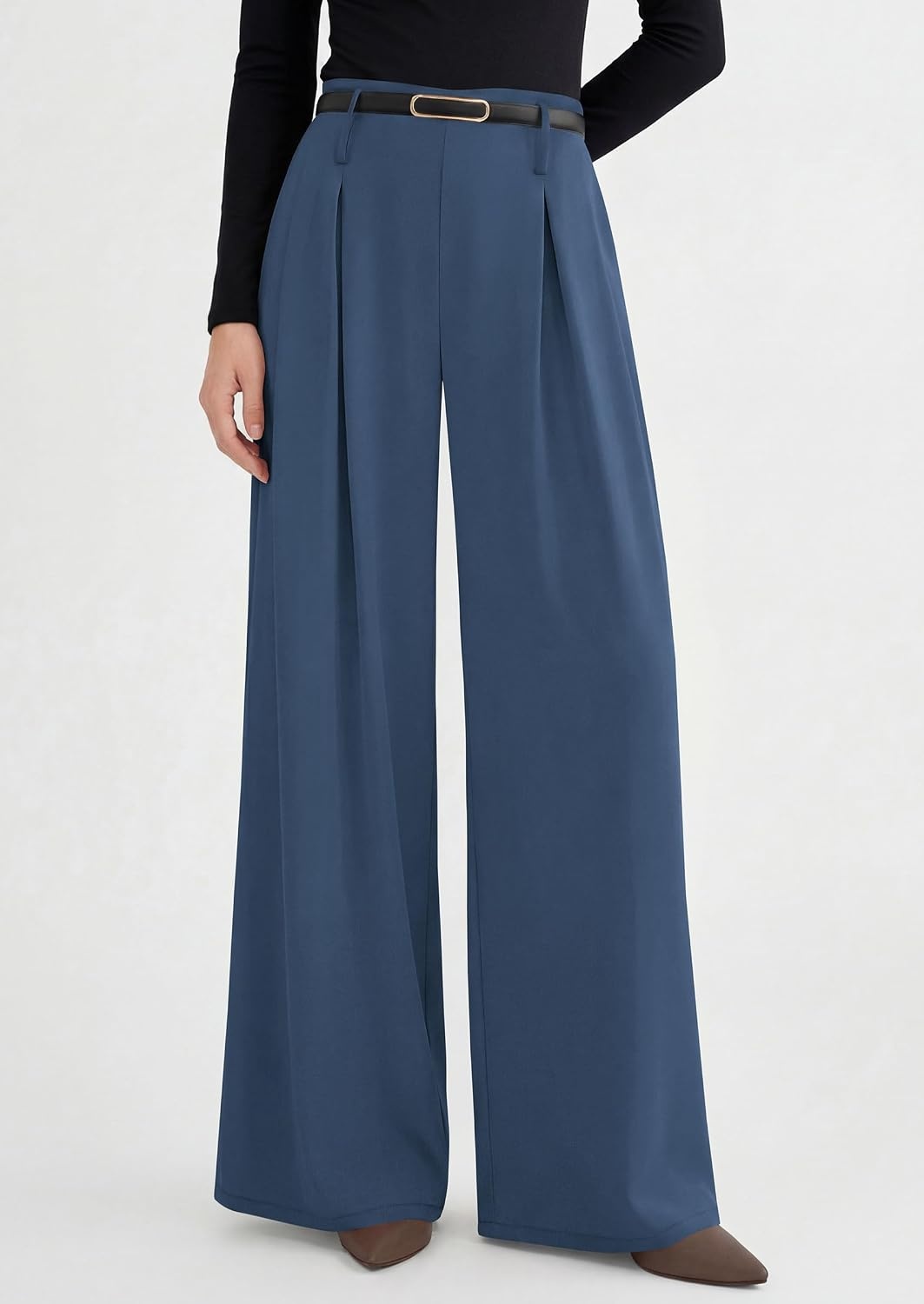 image:imagePRETTYGARDEN Womens Wide Leg Dress Pants Flowy Trousers Front PleatsSide ZipperElastic High Waisted Palazzo PantsDressy Slacks with PocketsDaily Work Business Casual OutfitsGrey Blue