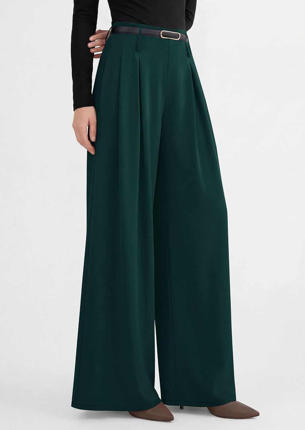 image:imagePRETTYGARDEN Womens Wide Leg Dress Pants Flowy Trousers Front PleatsSide ZipperElastic High Waisted Palazzo PantsDressy Slacks with PocketsDaily Work Business Casual OutfitsDark Green