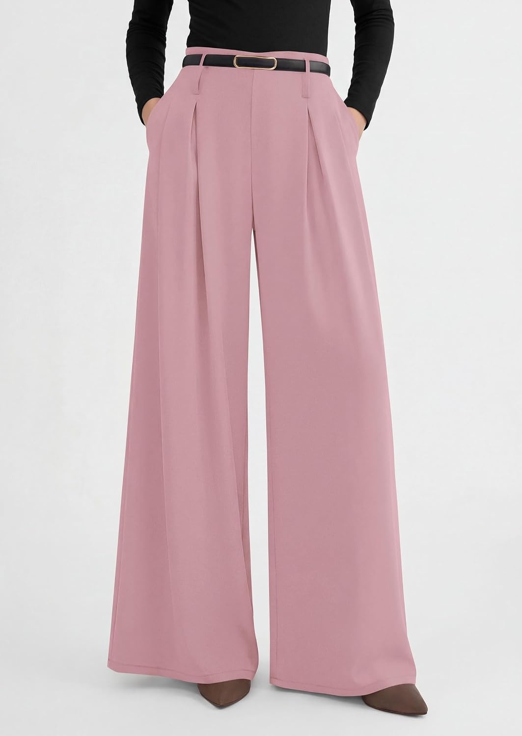 image:imagePRETTYGARDEN Womens Wide Leg Dress Pants Flowy Trousers Front PleatsSide ZipperElastic High Waisted Palazzo PantsDressy Slacks with PocketsDaily Work Business Casual OutfitsPink