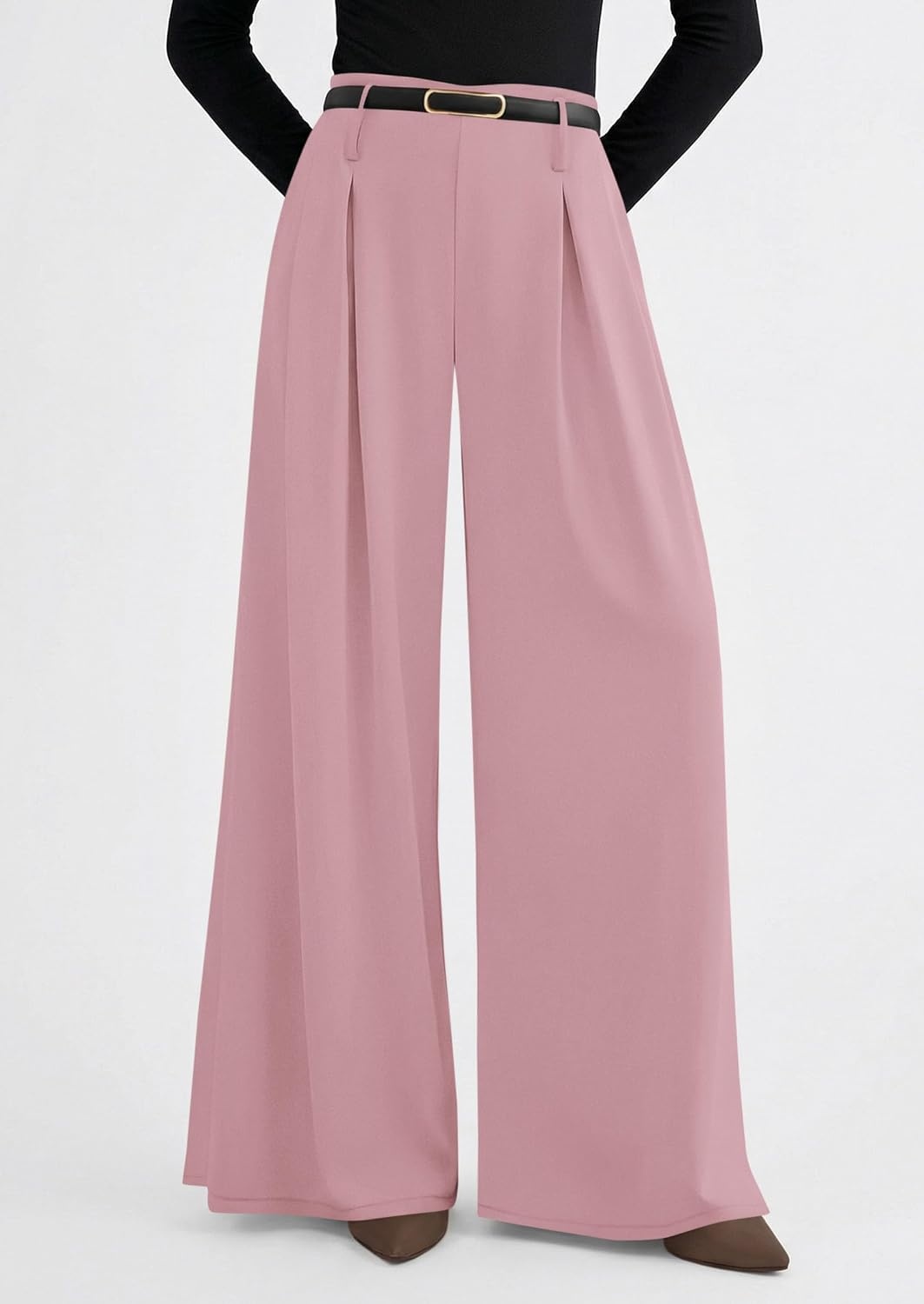 image:imagePRETTYGARDEN Womens Wide Leg Dress Pants Flowy Trousers Front PleatsSide ZipperElastic High Waisted Palazzo PantsDressy Slacks with PocketsDaily Work Business Casual OutfitsPink