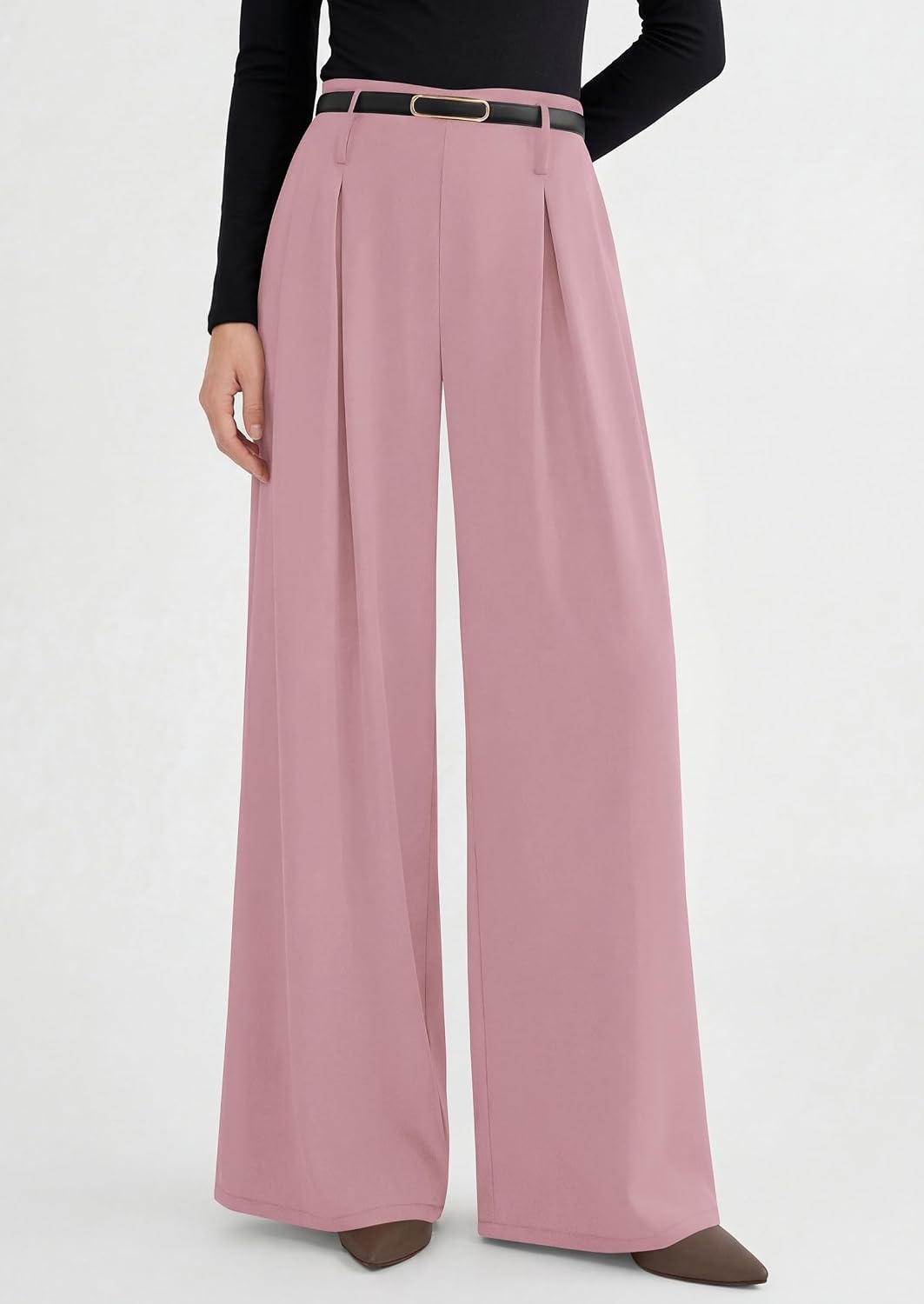 image:imagePRETTYGARDEN Womens Wide Leg Dress Pants Flowy Trousers Front PleatsSide ZipperElastic High Waisted Palazzo PantsDressy Slacks with PocketsDaily Work Business Casual OutfitsPink