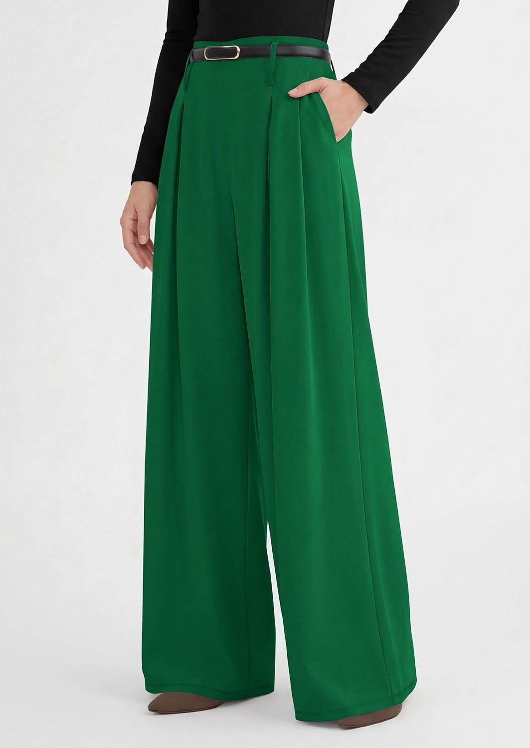 image:imagePRETTYGARDEN Womens Wide Leg Dress Pants Flowy Trousers Front PleatsSide ZipperElastic High Waisted Palazzo PantsDressy Slacks with PocketsDaily Work Business Casual OutfitsGreen