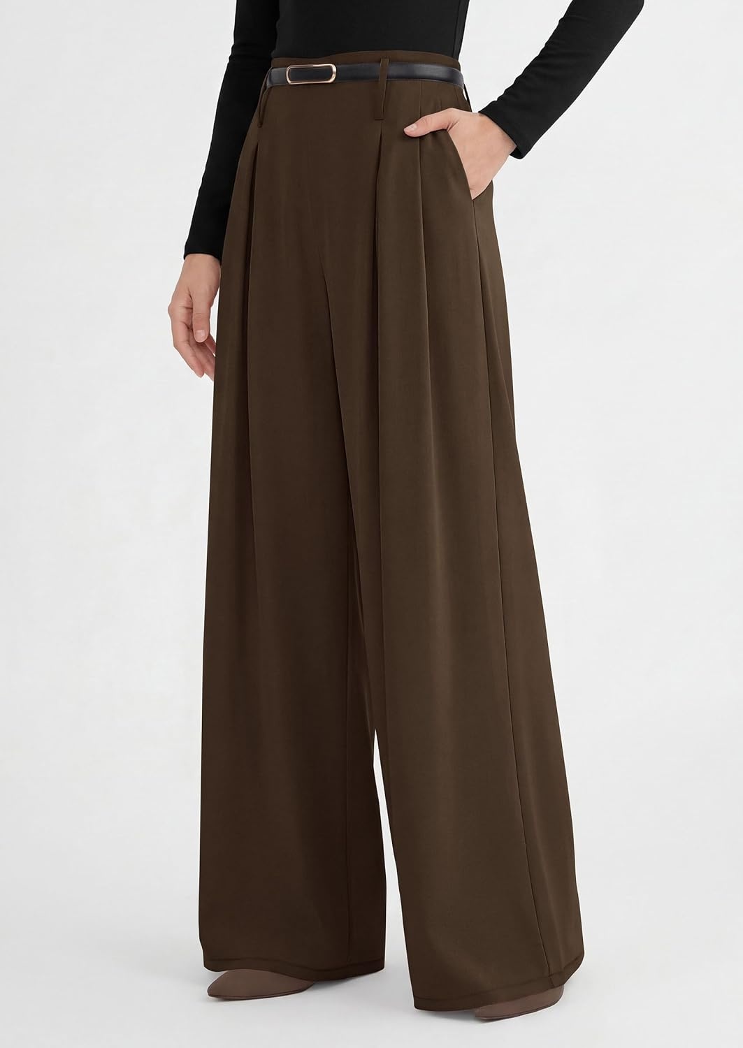 image:imagePRETTYGARDEN Womens Wide Leg Dress Pants Flowy Trousers Front PleatsSide ZipperElastic High Waisted Palazzo PantsDressy Slacks with PocketsDaily Work Business Casual OutfitsBrown