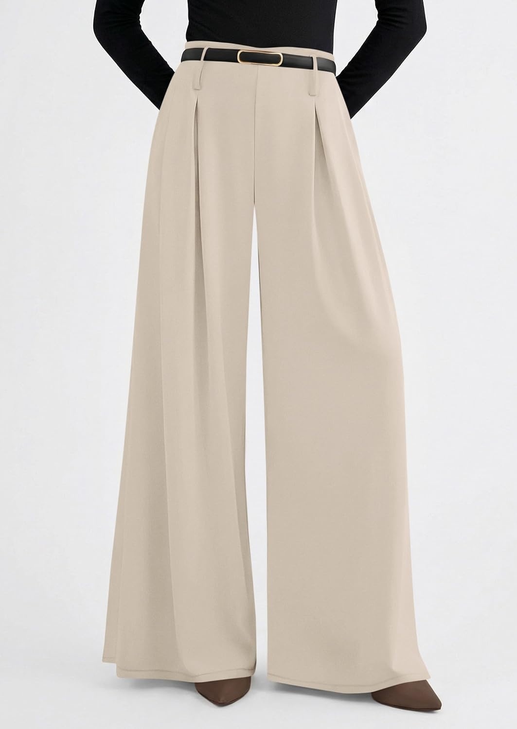image:imagePRETTYGARDEN Womens Wide Leg Dress Pants Flowy Trousers Front PleatsSide ZipperElastic High Waisted Palazzo PantsDressy Slacks with PocketsDaily Work Business Casual OutfitsApricot