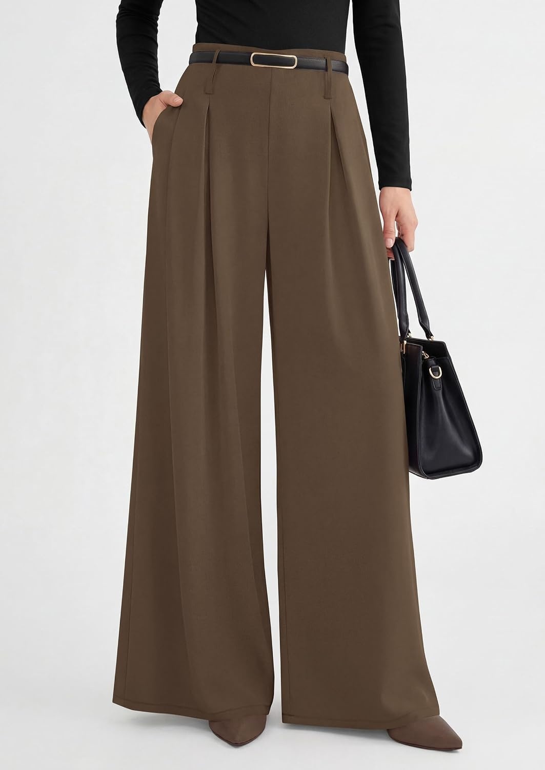 image:imagePRETTYGARDEN Womens Wide Leg Dress Pants Flowy Trousers Front PleatsSide ZipperElastic High Waisted Palazzo PantsDressy Slacks with PocketsDaily Work Business Casual OutfitsLight Brown