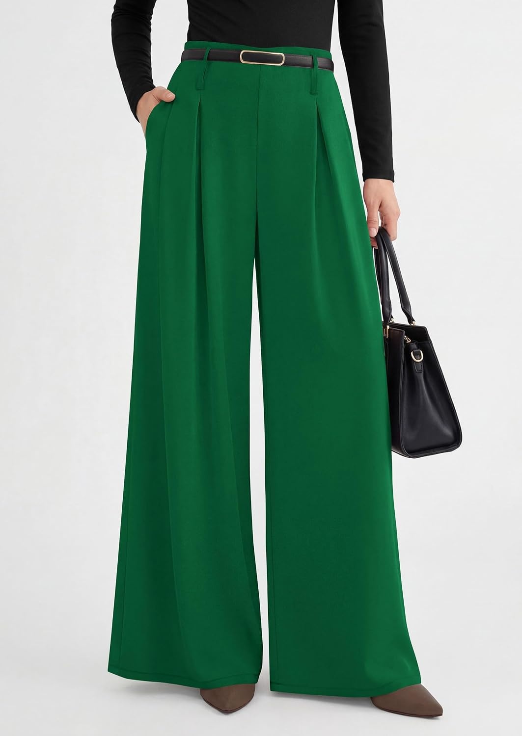image:imagePRETTYGARDEN Womens Wide Leg Dress Pants Flowy Trousers Front PleatsSide ZipperElastic High Waisted Palazzo PantsDressy Slacks with PocketsDaily Work Business Casual OutfitsGreen