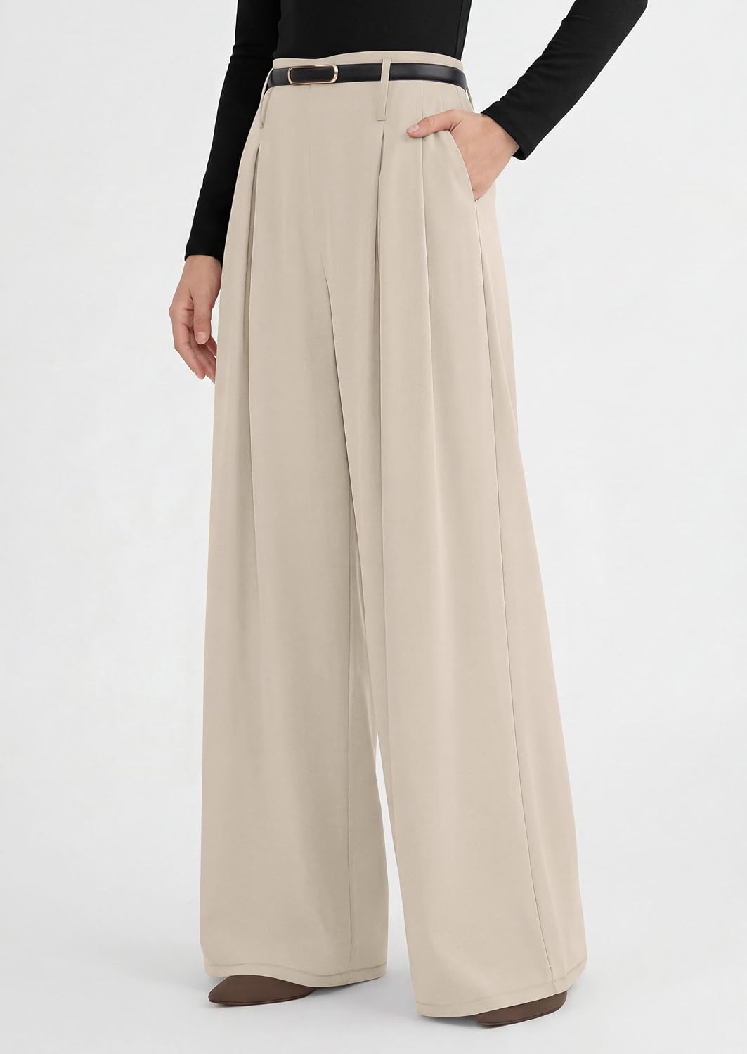 image:imagePRETTYGARDEN Womens Wide Leg Dress Pants Flowy Trousers Front PleatsSide ZipperElastic High Waisted Palazzo PantsDressy Slacks with PocketsDaily Work Business Casual OutfitsApricot