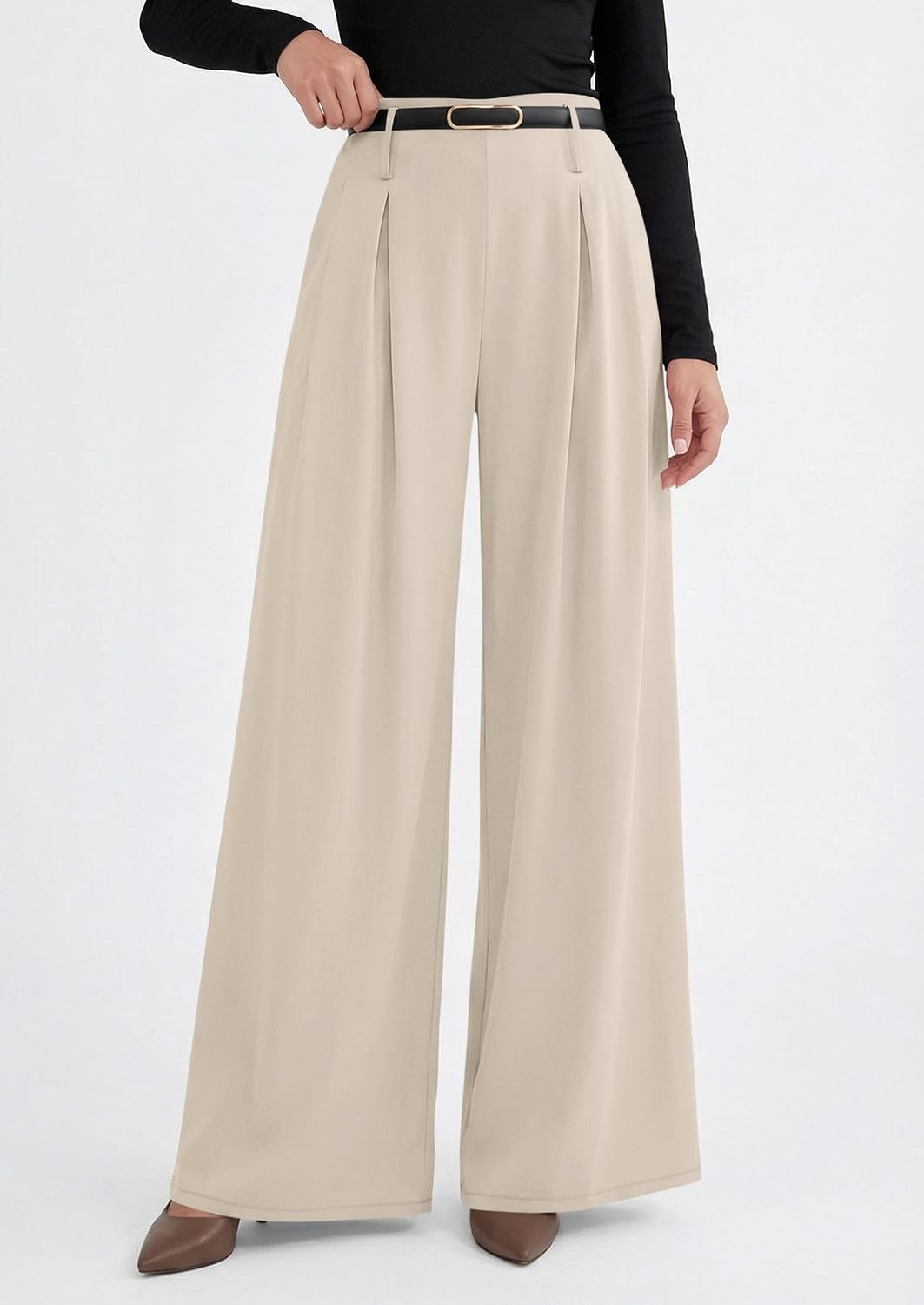image:imagePRETTYGARDEN Womens Wide Leg Dress Pants Flowy Trousers Front PleatsSide ZipperElastic High Waisted Palazzo PantsDressy Slacks with PocketsDaily Work Business Casual OutfitsApricot