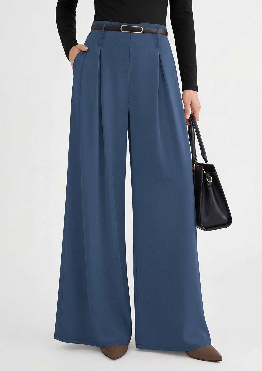 image:imagePRETTYGARDEN Womens Wide Leg Dress Pants Flowy Trousers Front PleatsSide ZipperElastic High Waisted Palazzo PantsDressy Slacks with PocketsDaily Work Business Casual OutfitsGrey Blue