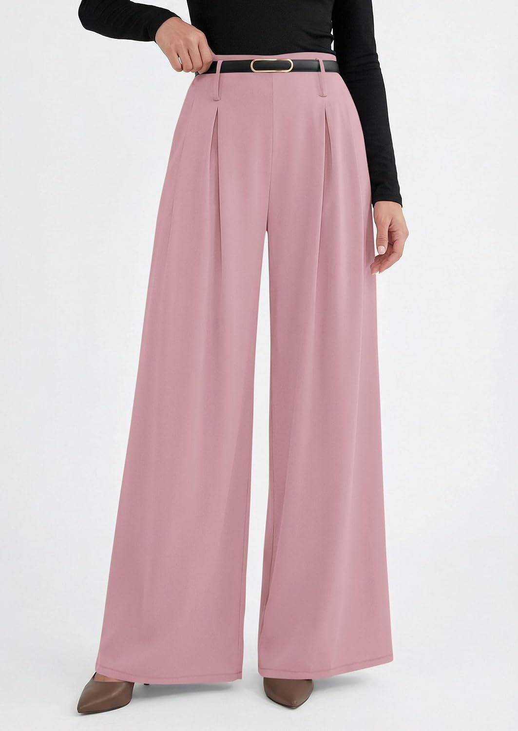 image:imagePRETTYGARDEN Womens Wide Leg Dress Pants Flowy Trousers Front PleatsSide ZipperElastic High Waisted Palazzo PantsDressy Slacks with PocketsDaily Work Business Casual OutfitsPink
