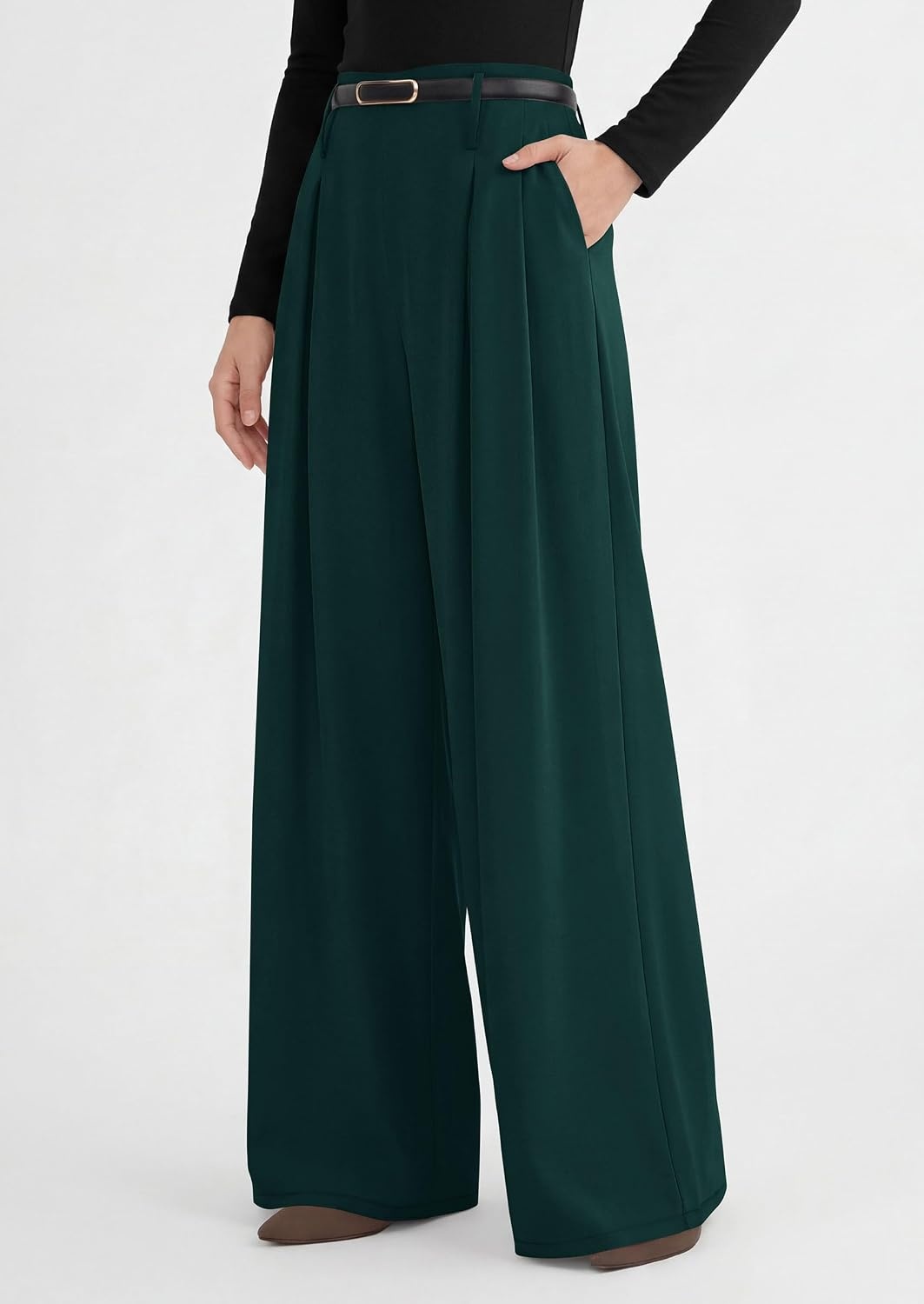 image:imagePRETTYGARDEN Womens Wide Leg Dress Pants Flowy Trousers Front PleatsSide ZipperElastic High Waisted Palazzo PantsDressy Slacks with PocketsDaily Work Business Casual OutfitsDark Green