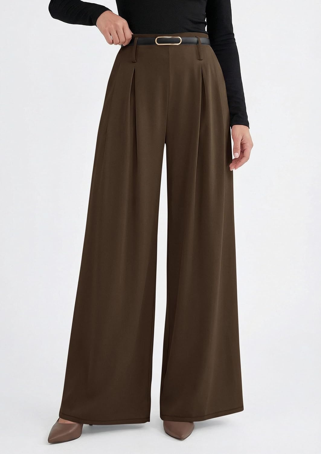 image:imagePRETTYGARDEN Womens Wide Leg Dress Pants Flowy Trousers Front PleatsSide ZipperElastic High Waisted Palazzo PantsDressy Slacks with PocketsDaily Work Business Casual OutfitsBrown