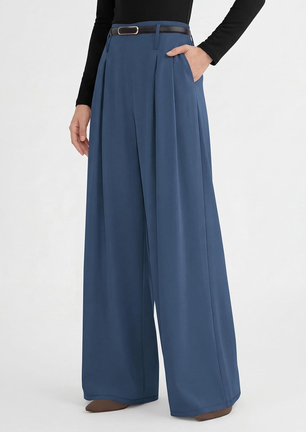 image:imagePRETTYGARDEN Womens Wide Leg Dress Pants Flowy Trousers Front PleatsSide ZipperElastic High Waisted Palazzo PantsDressy Slacks with PocketsDaily Work Business Casual OutfitsGrey Blue