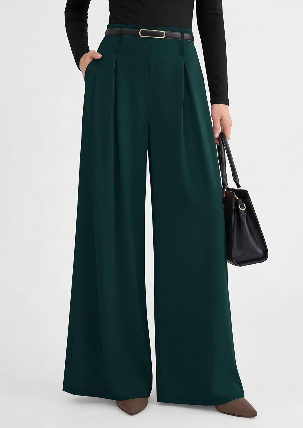 image:imagePRETTYGARDEN Womens Wide Leg Dress Pants Flowy Trousers Front PleatsSide ZipperElastic High Waisted Palazzo PantsDressy Slacks with PocketsDaily Work Business Casual OutfitsDark Green