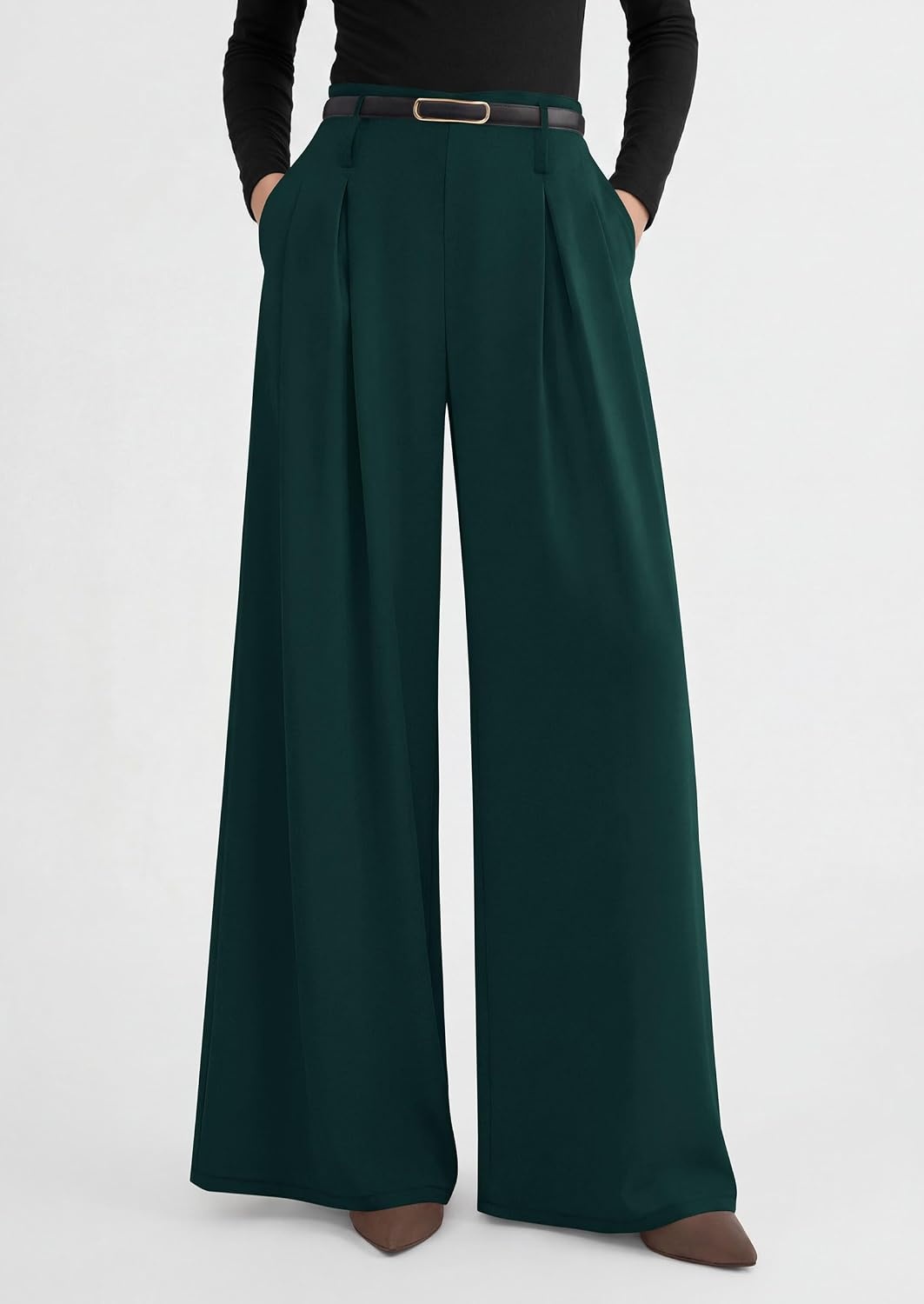 image:imagePRETTYGARDEN Womens Wide Leg Dress Pants Flowy Trousers Front PleatsSide ZipperElastic High Waisted Palazzo PantsDressy Slacks with PocketsDaily Work Business Casual OutfitsDark Green