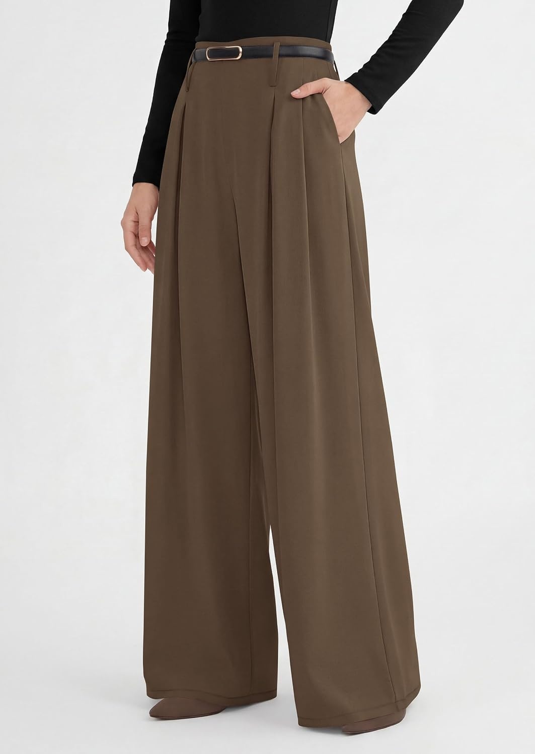 image:imagePRETTYGARDEN Womens Wide Leg Dress Pants Flowy Trousers Front PleatsSide ZipperElastic High Waisted Palazzo PantsDressy Slacks with PocketsDaily Work Business Casual OutfitsLight Brown