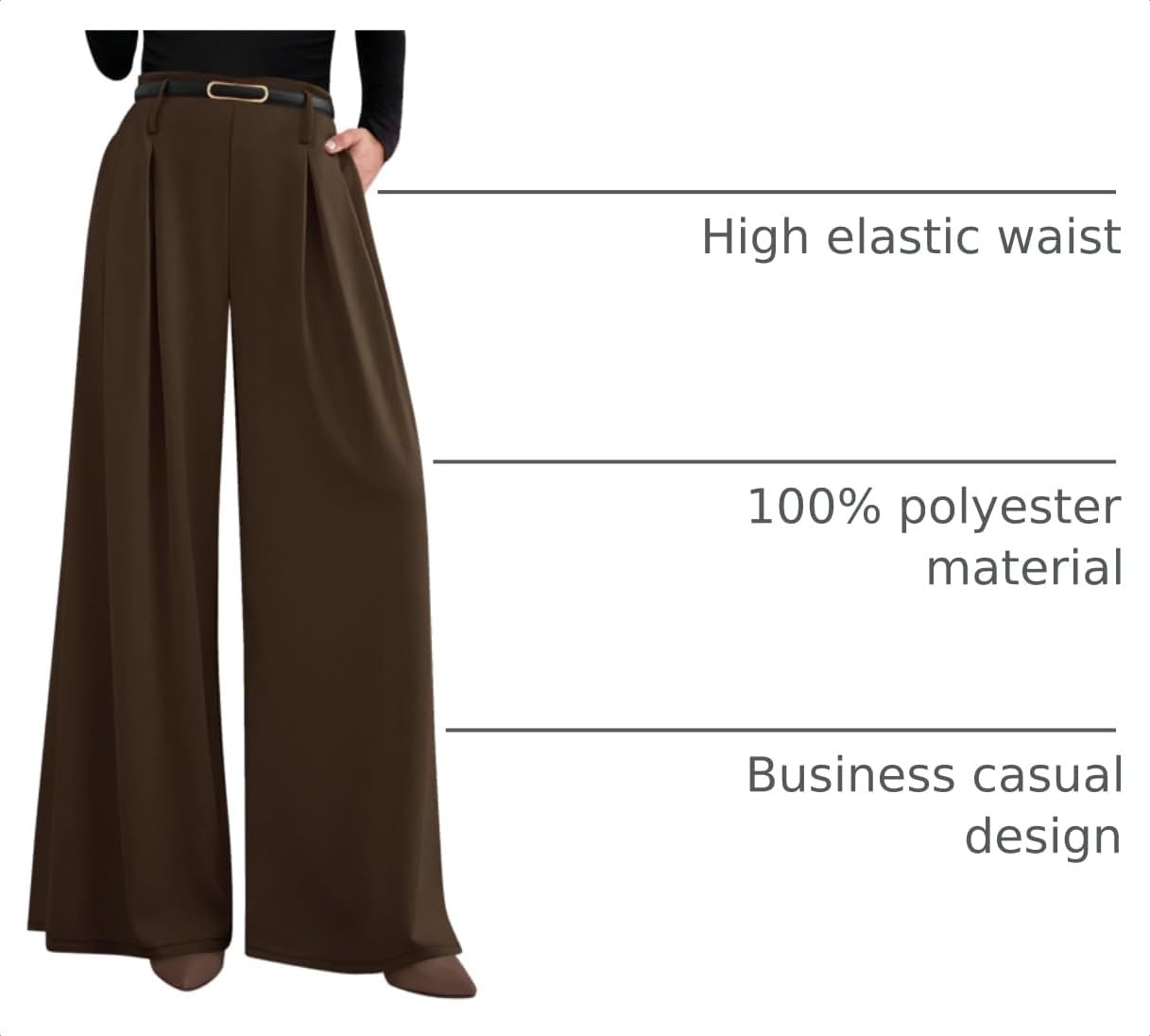 image:imagePRETTYGARDEN Womens Wide Leg Dress Pants Flowy Trousers Front PleatsSide ZipperElastic High Waisted Palazzo PantsDressy Slacks with PocketsDaily Work Business Casual OutfitsBrown