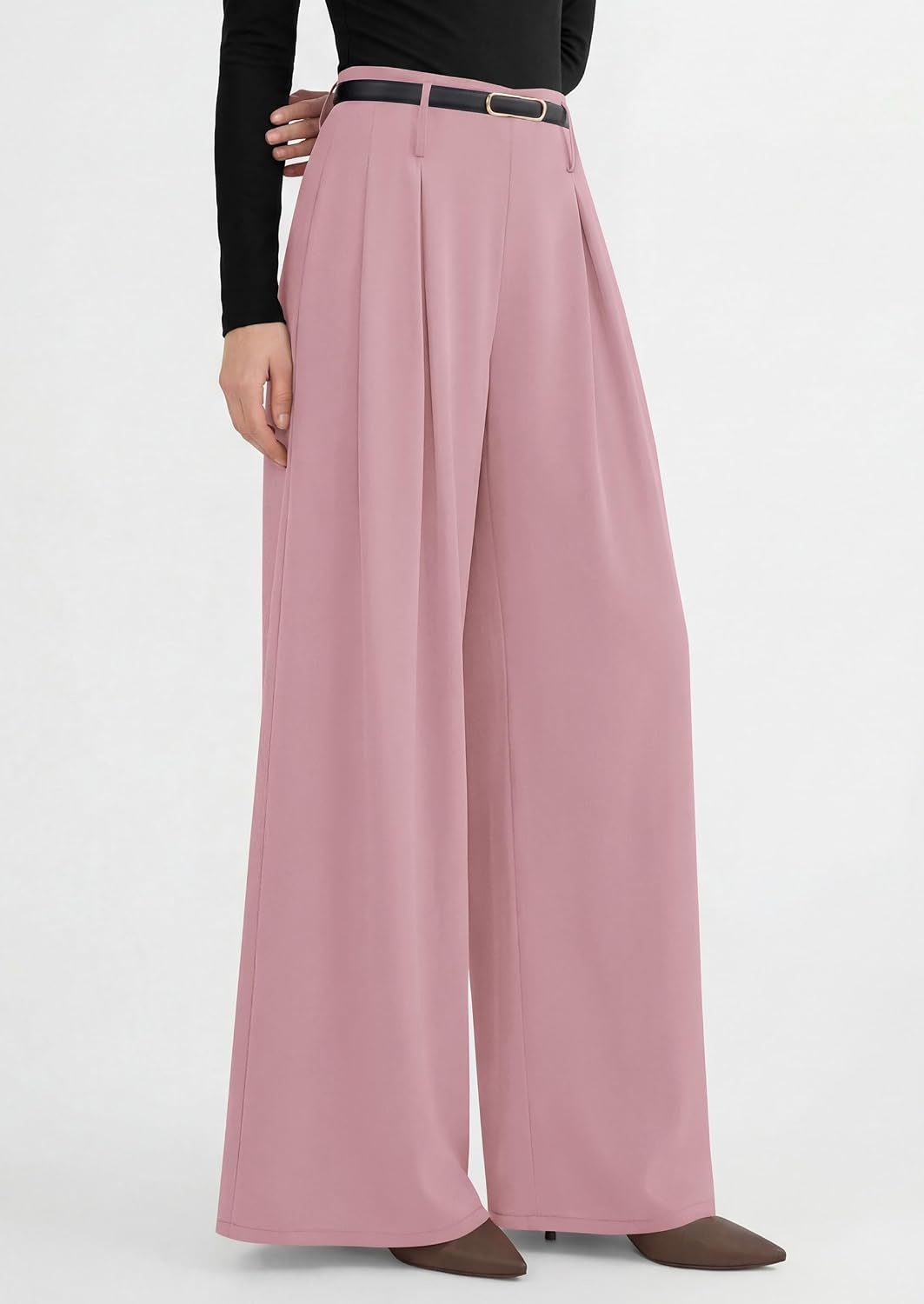 image:imagePRETTYGARDEN Womens Wide Leg Dress Pants Flowy Trousers Front PleatsSide ZipperElastic High Waisted Palazzo PantsDressy Slacks with PocketsDaily Work Business Casual OutfitsPink